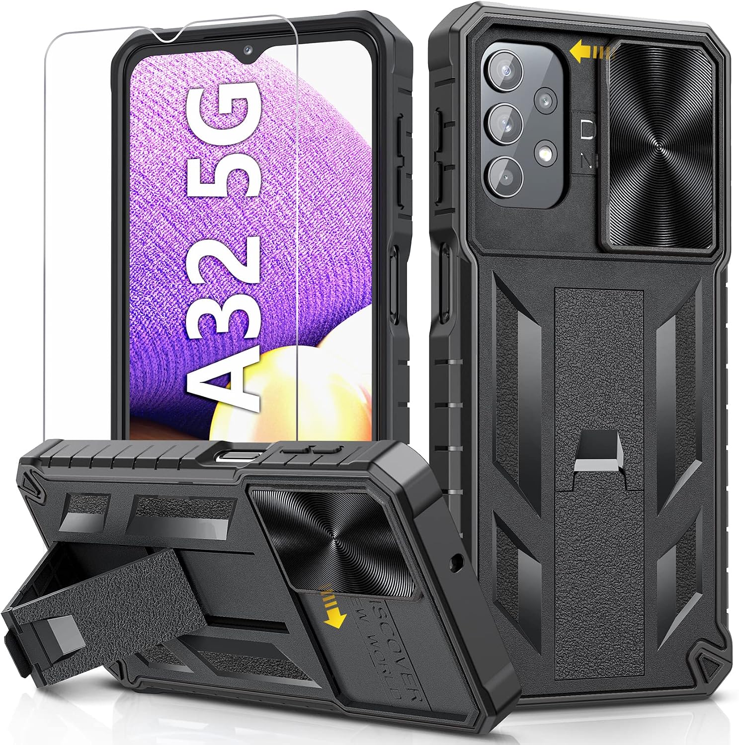 Case for Samsung Galaxy A32 5G: Military-Grade Drop Proof Protection Rugged Protective Shockproof TPU Textured Bumper Armor Design S32 5G Phone Cover with Built in Kickstand & Slide (Black)