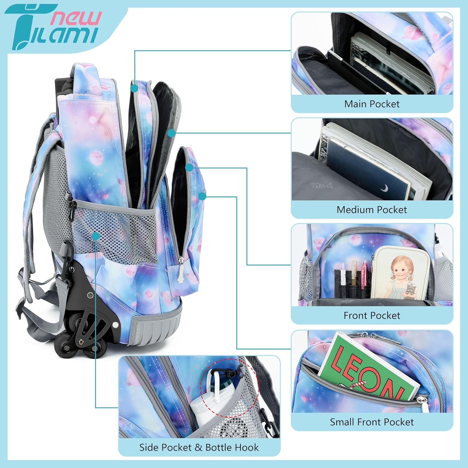 NEW TILAMI 18 Inch Rolling Backpack with Wheels for Girls Boys Kids Laptop Backpack School Travel, Purple Star - Image 3