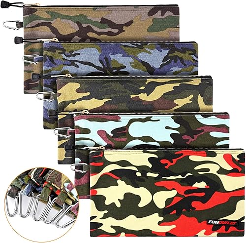 Bolsa de lona para herramientas con cremallera, paquete de 5 bolsas de camuflaje resistentes con mosquetón, organizador de almacenamiento multiusos