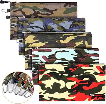 Canvas Tool Pouch Zipper Bag - 5 Pack Heavy Duty Utility Camo Bags with Carabiner, Multi-Purpose Storage Organizer Clip on Tote Pouches 12.5 x 7-Inch