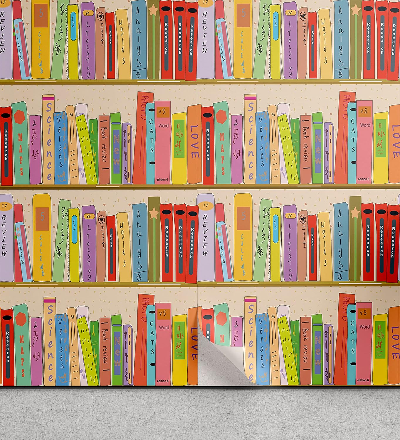Lunarable Bookcase Peel & Stick Wallpaper for Home, HandDrawn Style