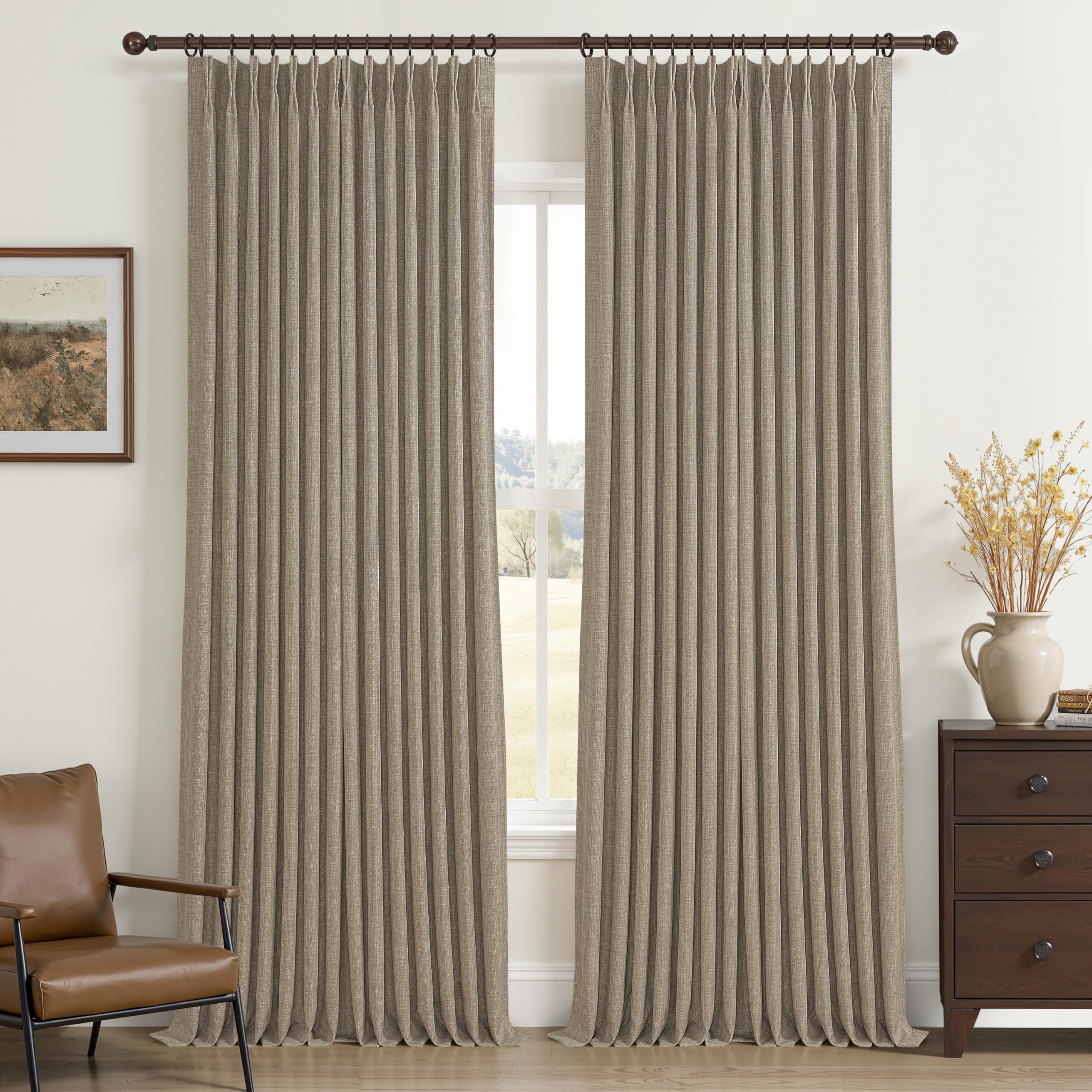 Oak Taupe Extra Long 108 Inch High Ceiling Curtains for Living Room 2 Panel Set, Memory Trained Pinch Pleated Blackout Double Layer Linen Soundproof Heat Block Boho Privacy Windows Curtain 9 FT Length — image 1