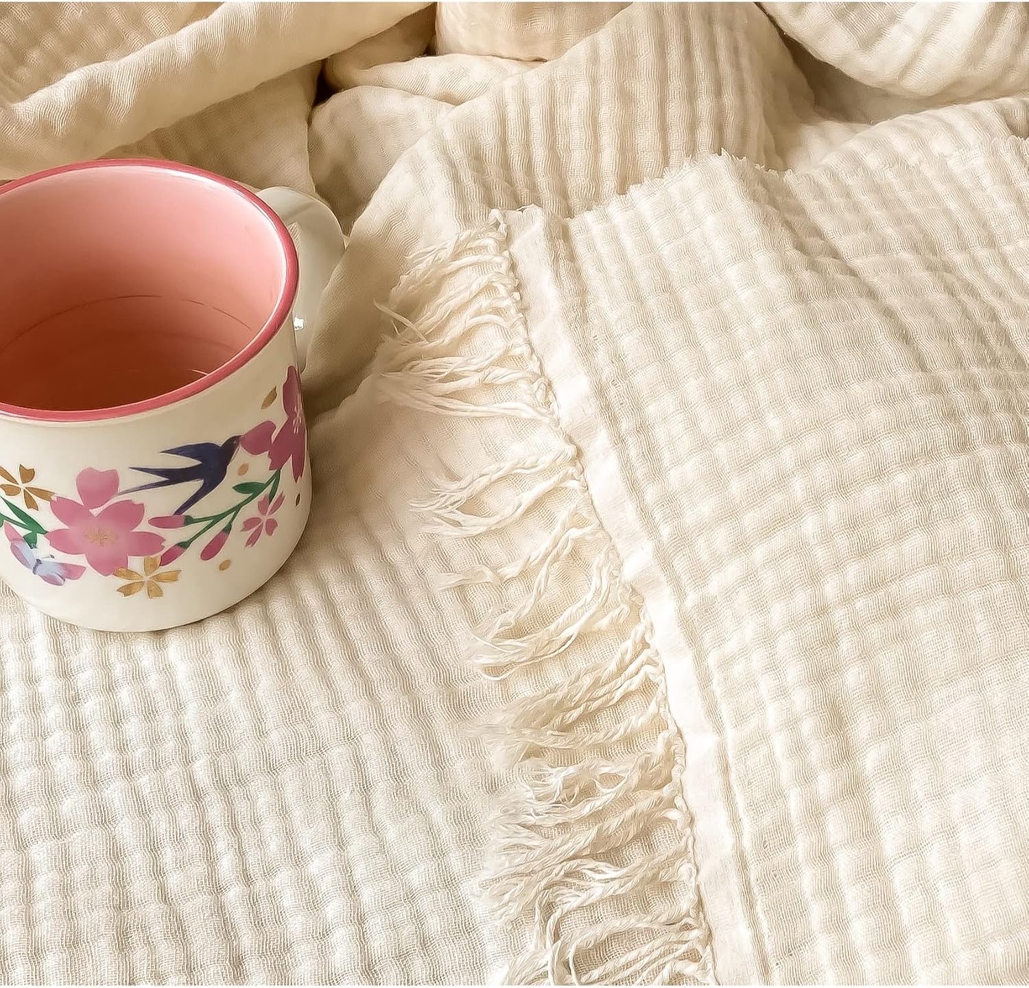 100% Organic Cotton Throw Blanket for Couch Sofa, 4-Layer Muslin Pre-Washed Plant Dyed Cotton, Breathable Soft, Cozy Warm Lightweight Blanket for Adult, All Season (55"x60" Ivory)