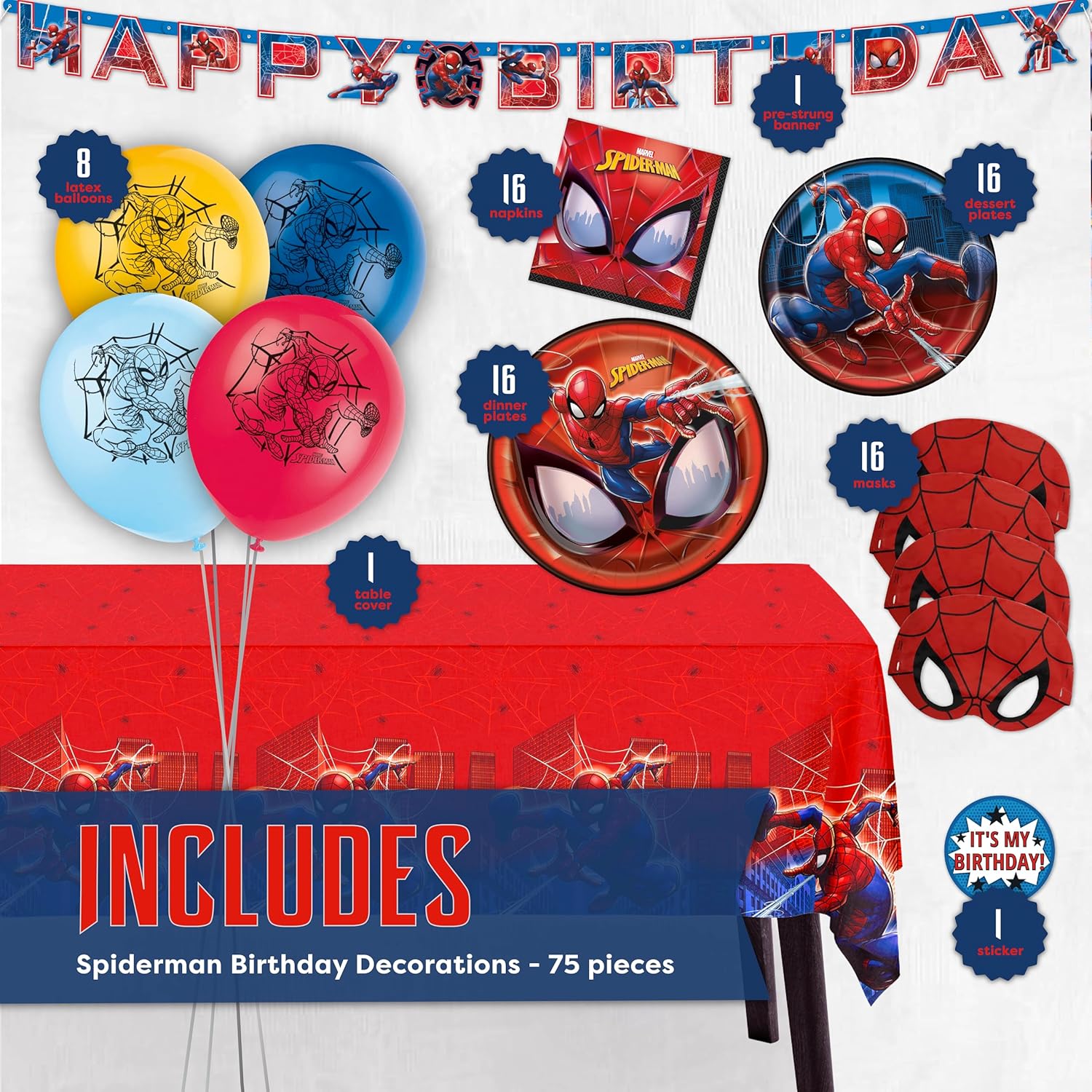 Spiderman Birthday Decorations | Serves 16 | Balloons, Banner, Tablecloth, Masks, Dinner & Dessert Plates, Napkins | Spiderman Party Decorations