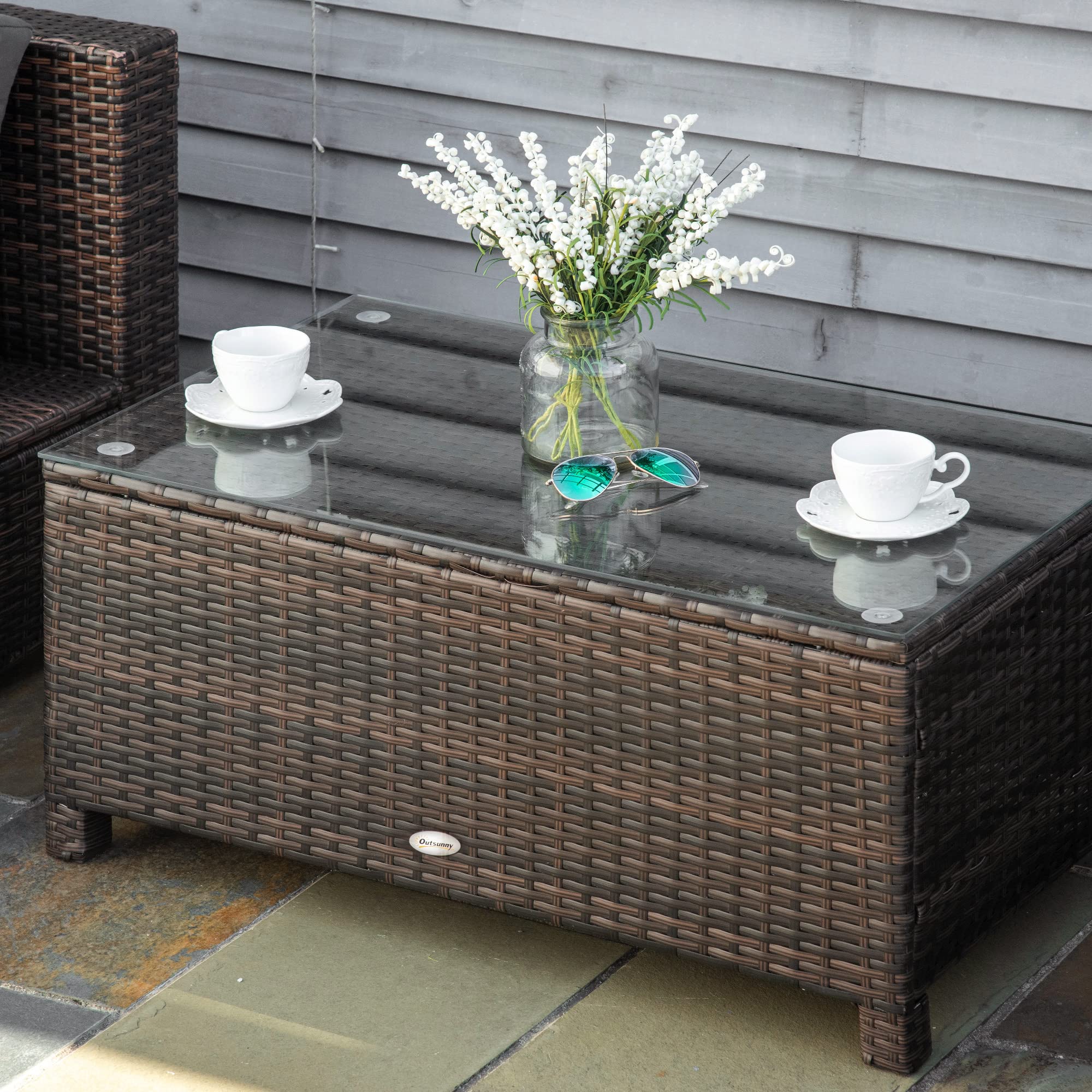 Outsunny Tavolino da Giardino in Vetro Temperato Rettangolare 85 x 50 x 39 cm Marrone