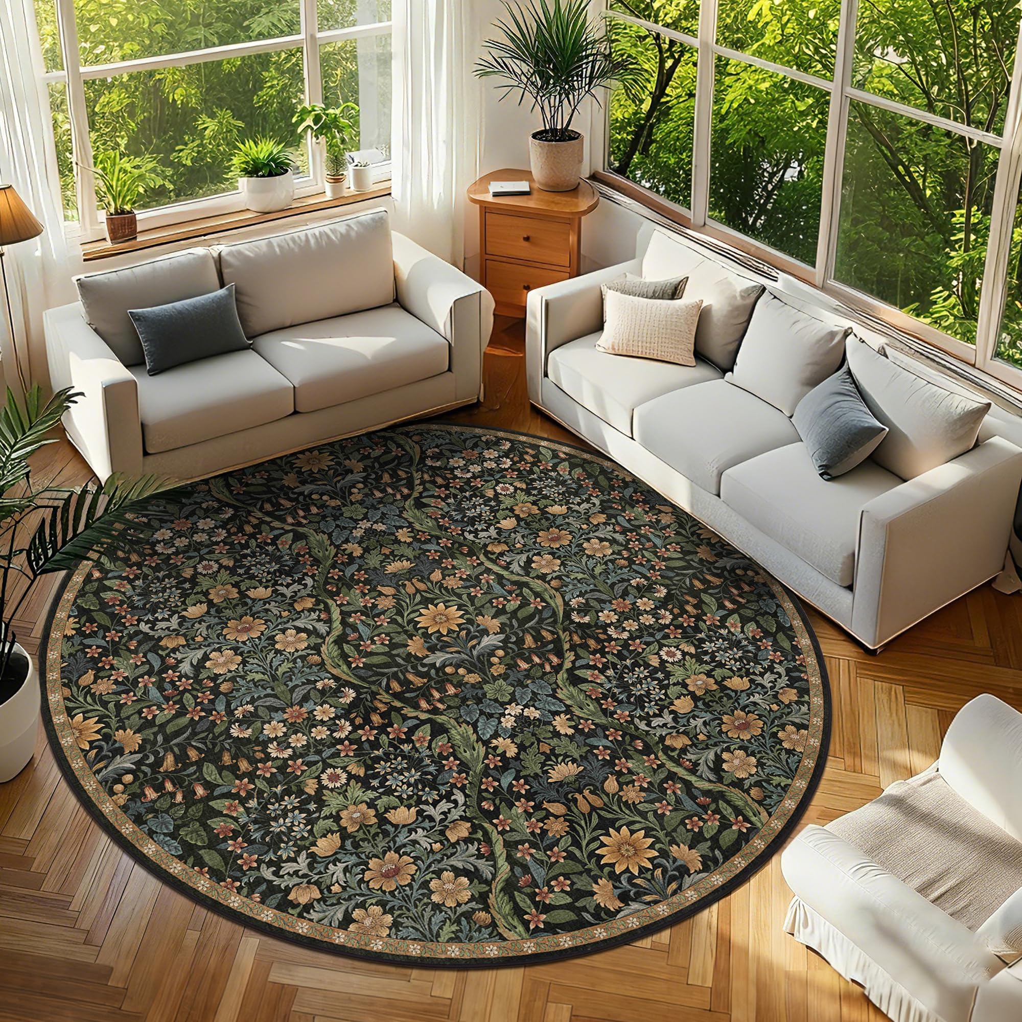 Round Rug 8ft Floral Circle Rug Brown Botanical Indoor Area Rugs