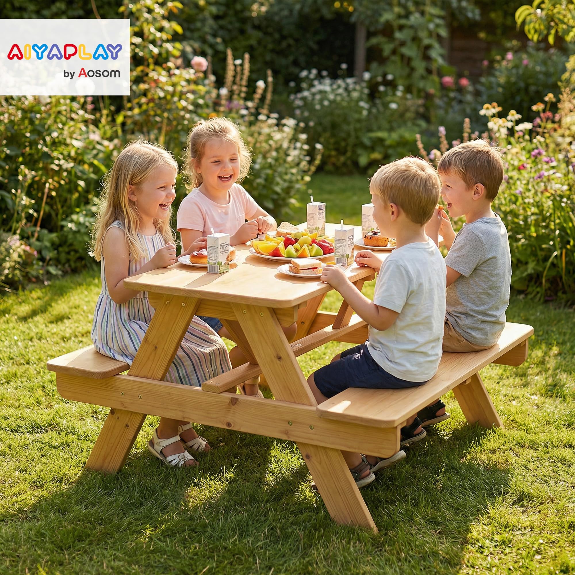 AIYAPLAY Ensemble Salon de Jardin extérieur Enfant, Table Pique-Nique Enfant avec bancs, Cadre en Bois Massif, pour Jardin, pelouse, Camping, Bois Naturel