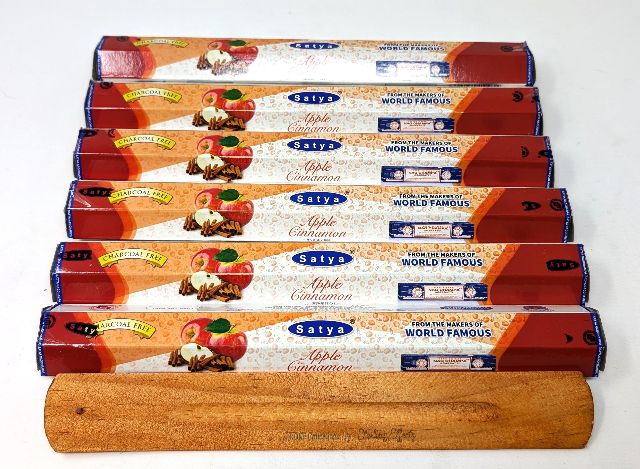 Satya Apple Cinnamon Incense Sticks – 6 x 20 Stick Packs (120 Sticks Total) – Charcoal-Free – Sweet & Spicy Festive Aroma – Includes JRose Wooden Burner – For Relaxation, Meditation & Home Fragrance