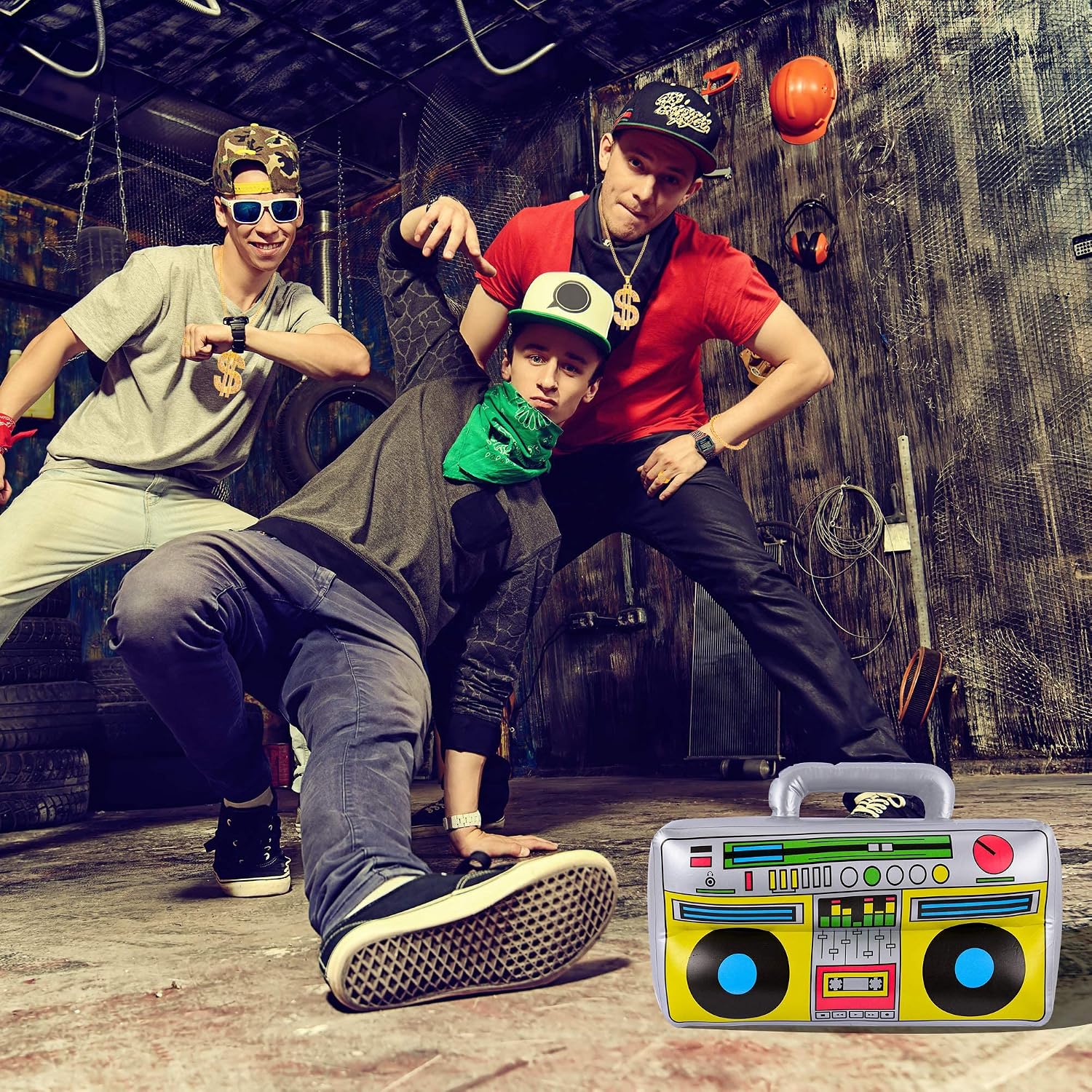YAROMO Hip Hop Costume Kit, 12 PCS 80s/ 90s Rapper Accessories, Sunglasses Bucket Hat Boom Box Rapper Chain Bracelet and Ring with Dollar Sign Pendant