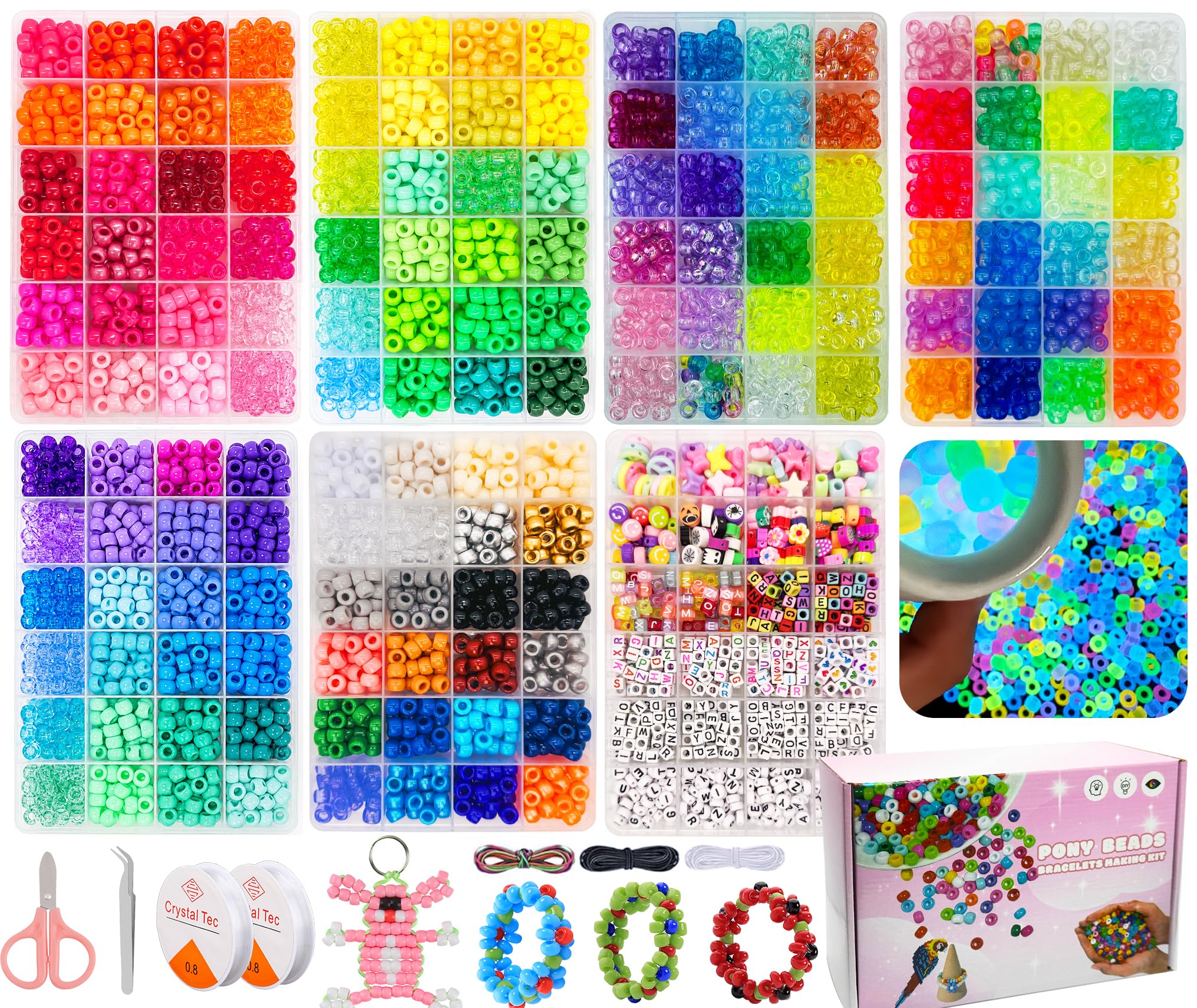 LYMOOR Juego de 7 cajas de 4800 cuentas de pony, 144 colores, 1000 piezas, cuentas Kandi arcoíris de arcilla para hacer pulseras, manualidades, llaveros de arte, cuentas de pelo, con caja de regalo