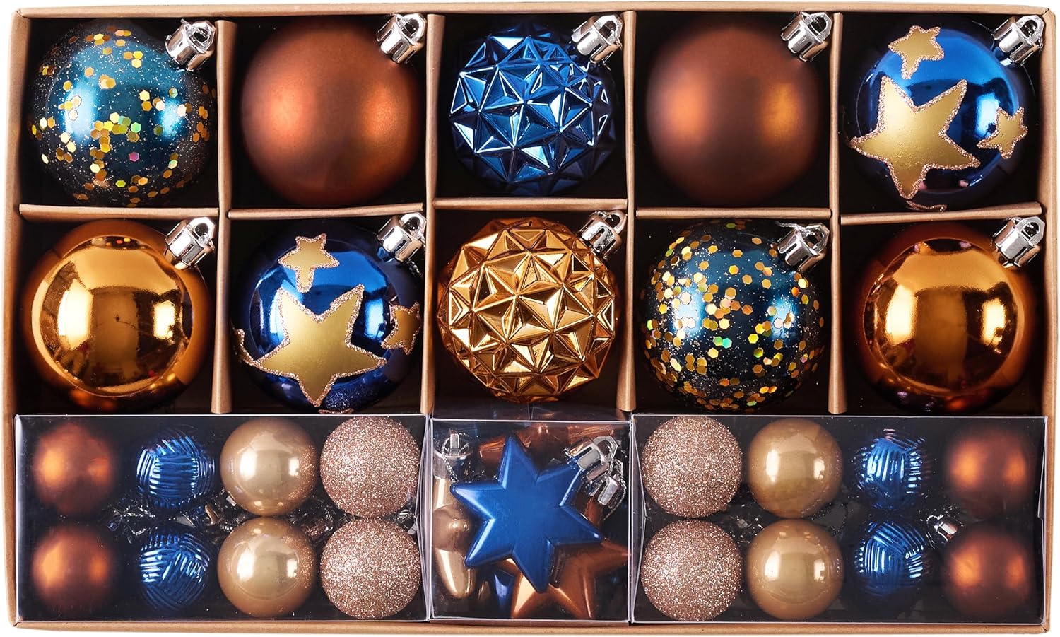 DecorbyHannah Christmas Tree Ornaments Set, 50ct Celestial Blue Copper Gold Christmas Ornaments for Tree Decorations, Shatterproof Plastic Hanging Ball Bulk for Xmas Holiday Home Indoor Party Decor