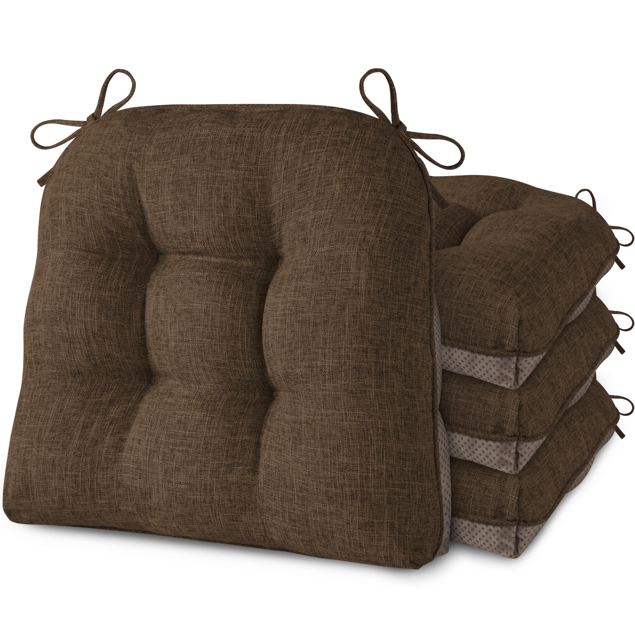 AddGrace Chair Cushions for Dining Chairs Set of 4 Kitchen Seat Cushions with Ties and Non Slip Backing Tufted Indoor Seat Pad for Kitchen Dining Room 18" x 17" x 3" Coffee