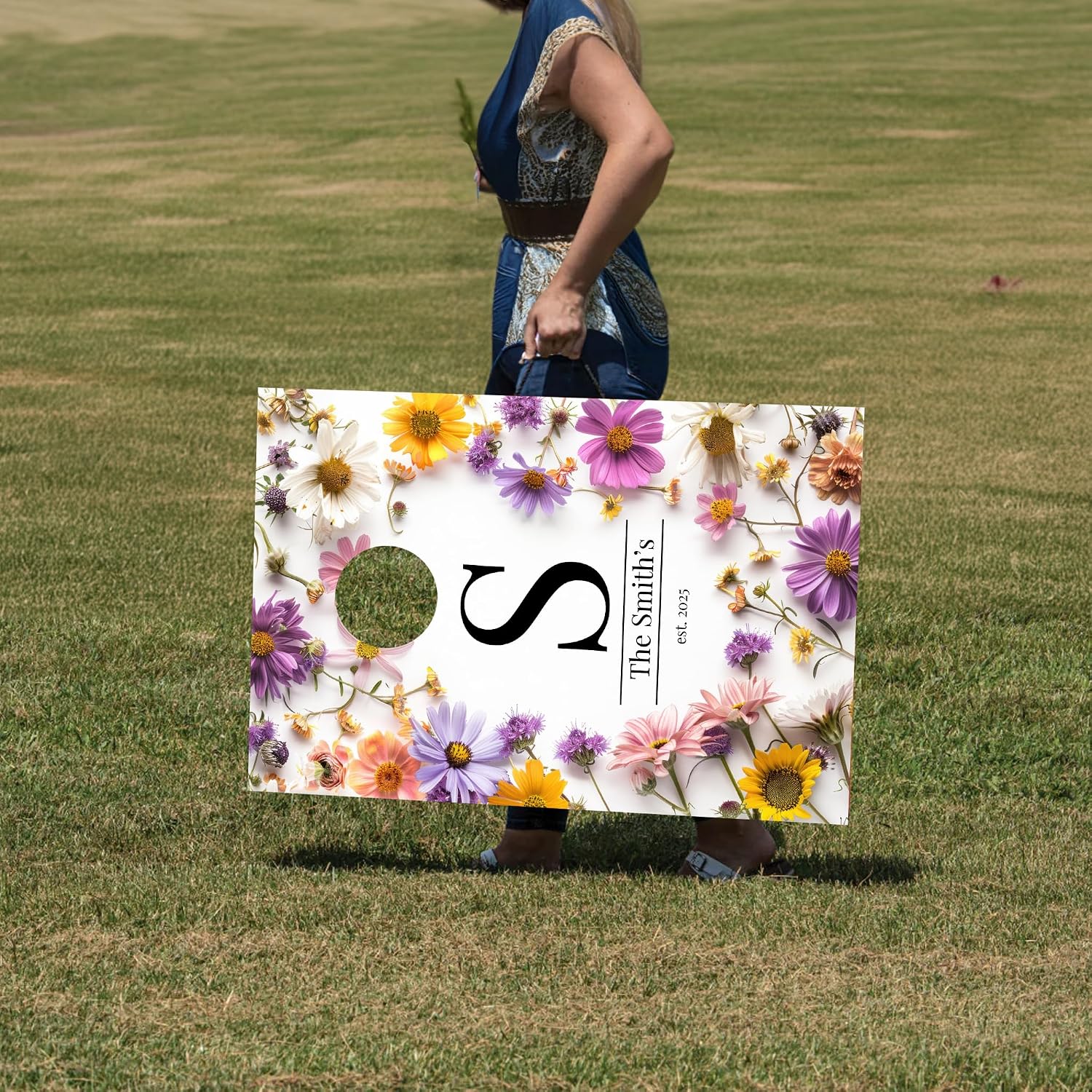 Custom Wedding Cornhole Set - Floral Design with Personalized Last Name, Wedding Date & Custom Bags - Wedding Reception Games
