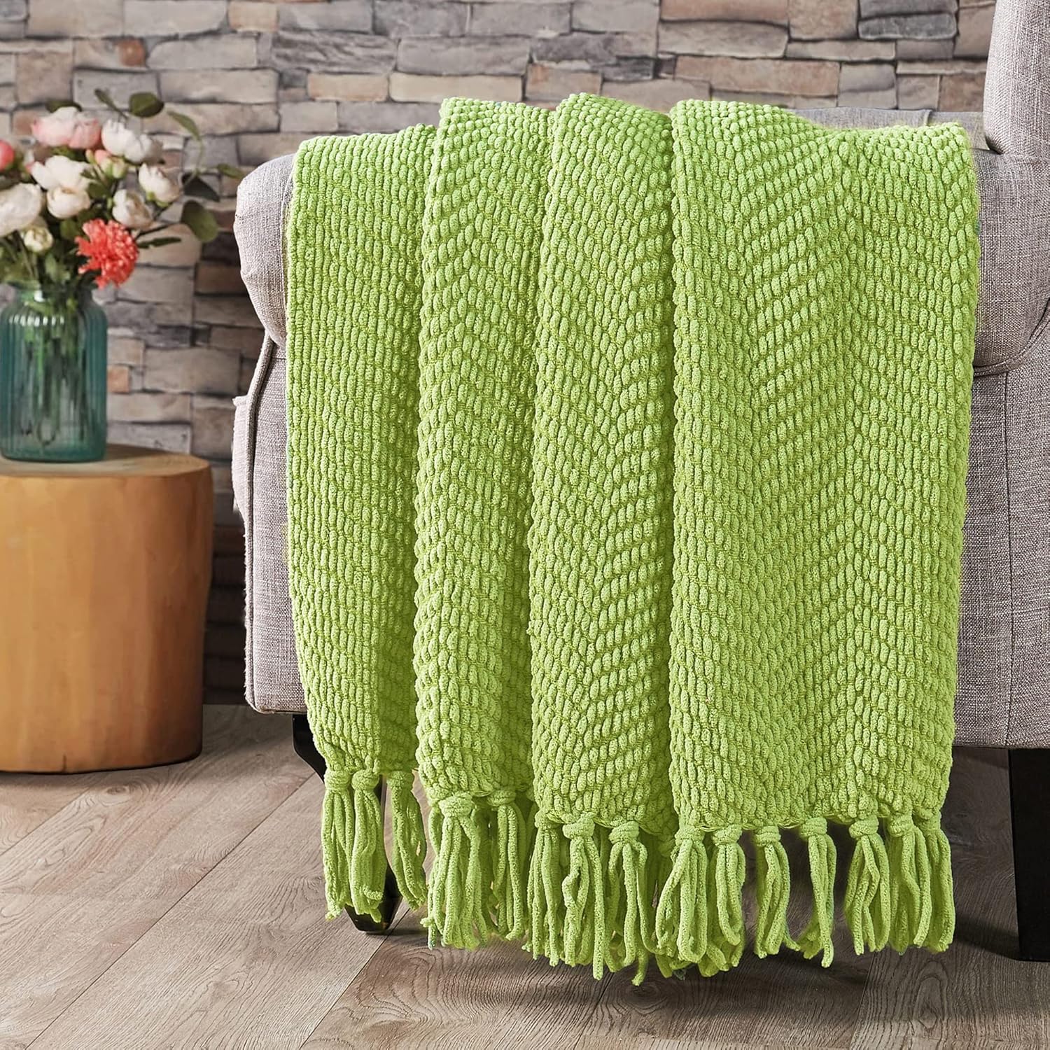 Throw Blanket for Couch Soft Knitted Textured Couch Cover Tweed Blanket with Fringe Tassel for Home Décor Bed Sofa Chair, 50" x 60", Lime Green