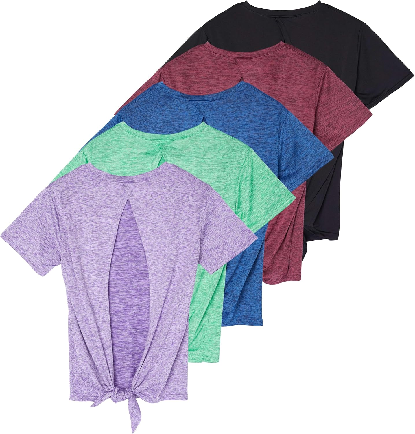 Real Essentials 5 Pack: Women’s Short Sleeve Open Back Tie Back Dry-Fit T-Shirt Yoga Gym Workout Top