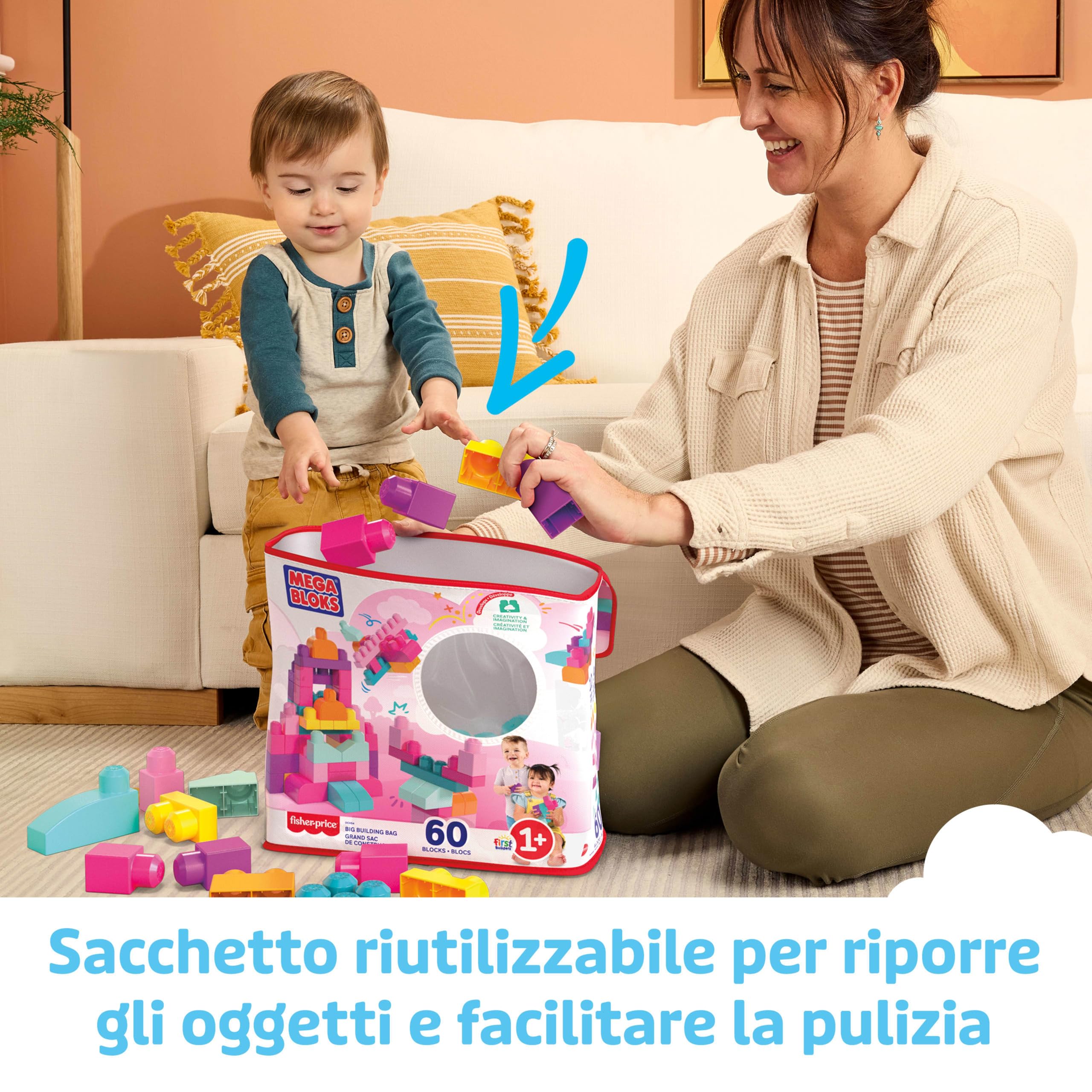 MEGA BLOKS Grande Borsa da Set da costruzione con 60 grandi mattoncini colorati e 1 custodia, set regalo giocattolo per bambini da 1 anno in su. DCH54