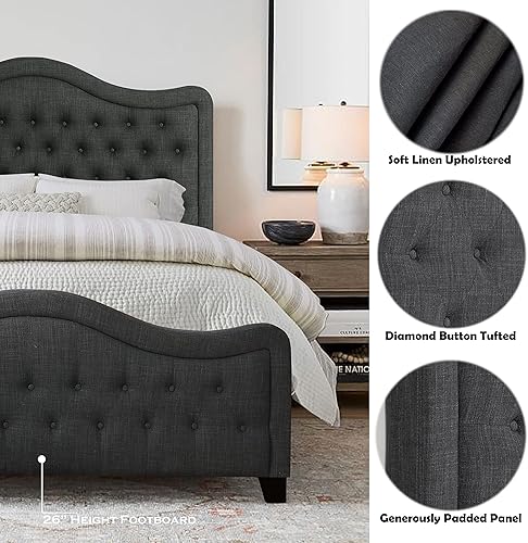 Miniatura 6 de Rosevera Turin Linen - Cama tapizada con paneles con cabecero ajustable con botones para dormitorio, tamaño Queen, carbono