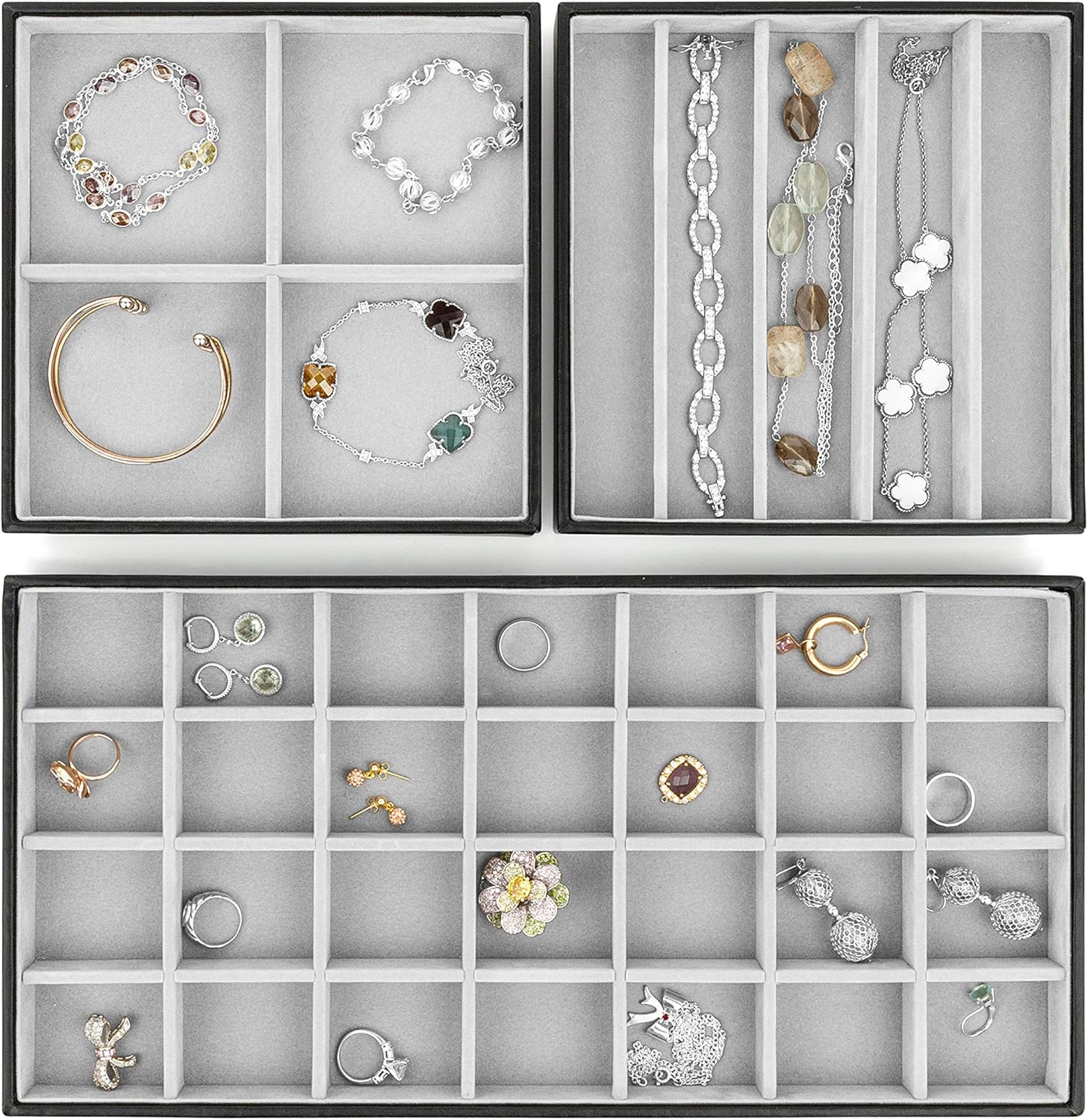 Stock Your Home Jewelry Trays for Drawers, Stackable Jewelry Trays for Earring Necklace Jewelry Storage, Jewelry Organizer for Women, Faux Leather Exterior, Soft Felt Interior, Set of 3, Black : Clothing, Shoes & Jewelry