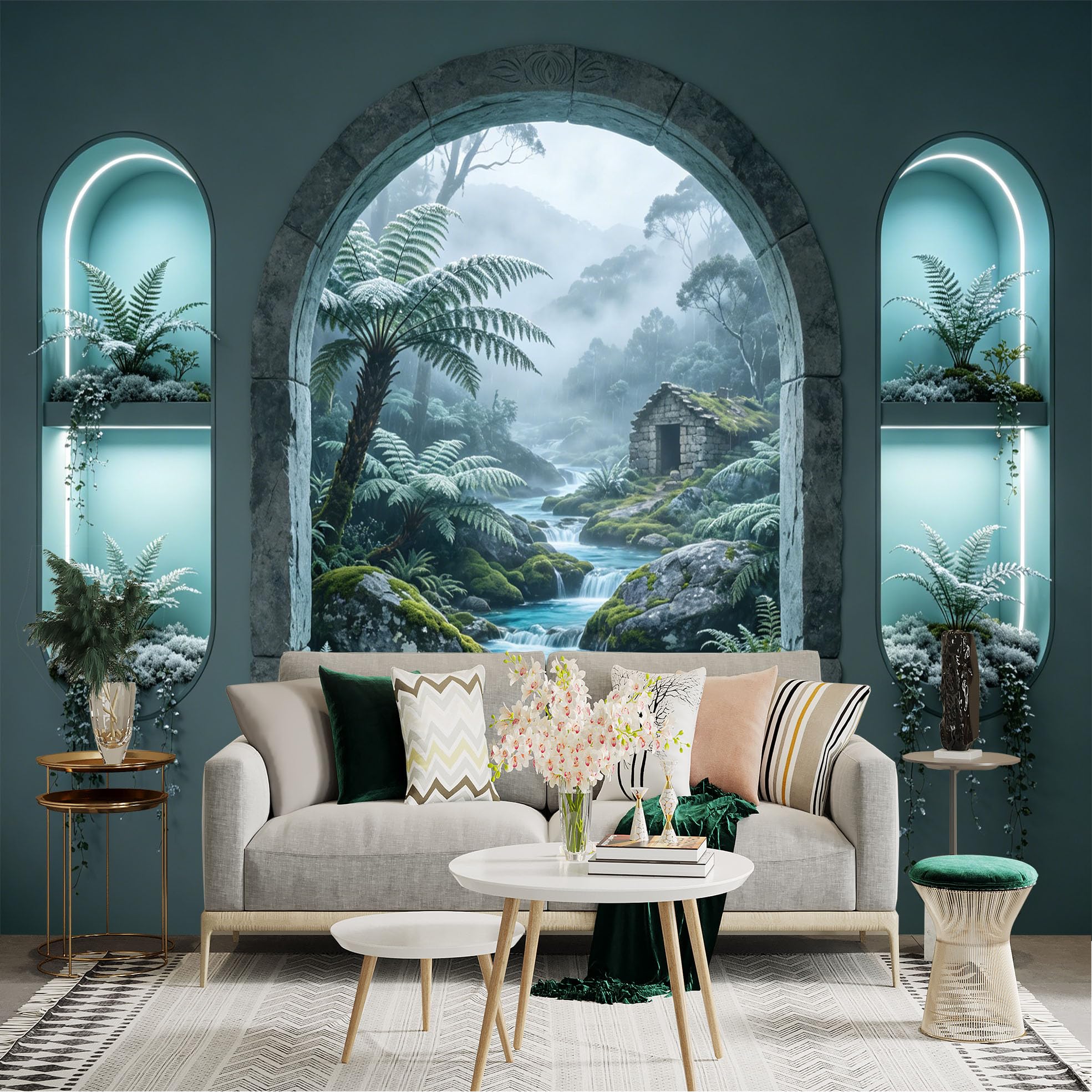 Lnzczhyre Dbh260521778 Custom Size Wall Sticker Mural， Misty Forest Landscape， Stone Cottage By A Flowing Creek， Lush Ferns And Mossy Rocks， Arch Window View， For Wall Decoration， Peelandstick Wall Decals.