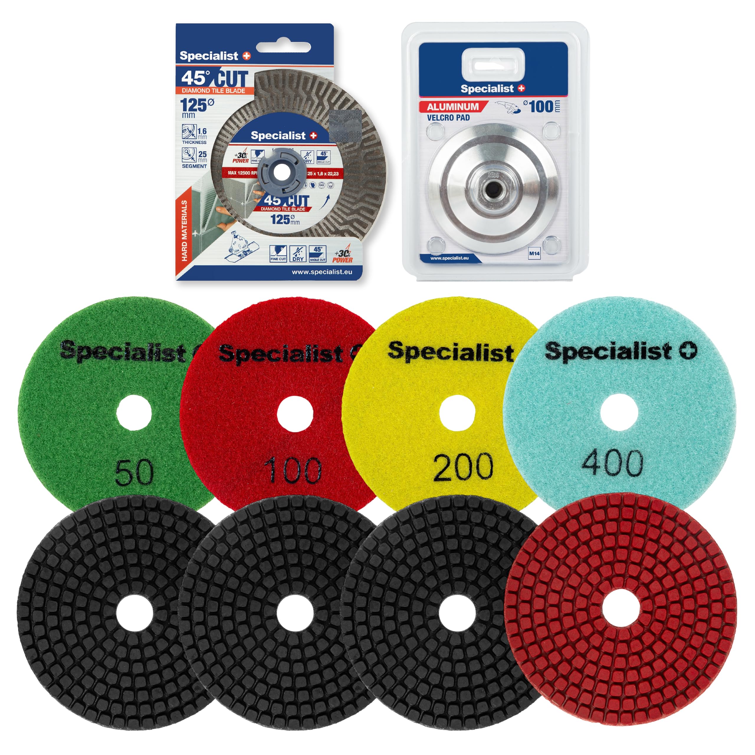 SPECIALIST+ Juego de corte de azulejos y pulido de diamante | Kit de 6 piezas con disco de lijadora angular de 125 mm, almohadilla de soporte de velcro y almohadillas de pulido húmedas de grano 50–400