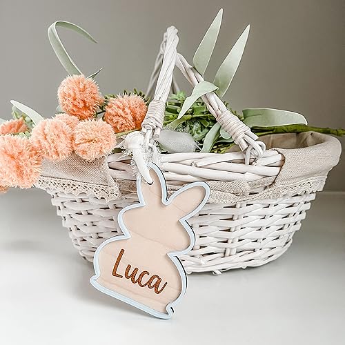 Miniatura 6 de Etiqueta de cesta de conejo de Pascua personalizada hecha a mano en 3D – Etiqueta de nombre grabada en madera y acrílico personalizada con cinta de