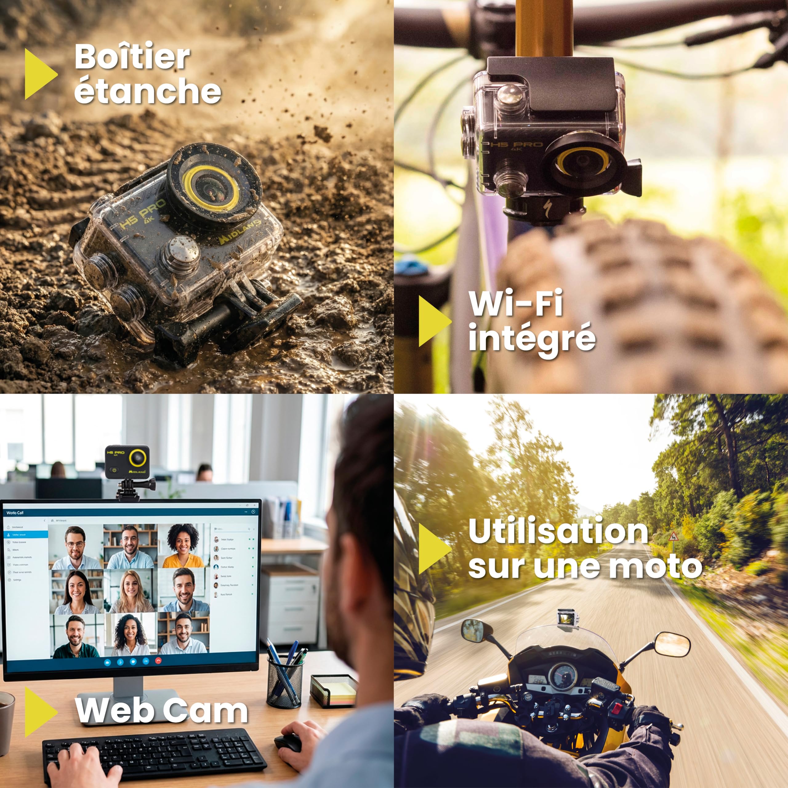 Midland H5 Pro C1515 - Caméra d'action Ultra HD Légère, Photos en Time Lapse, Grand Angle 140°, Wi-FI, Écran LCD, Enregistrement Cyclique pour Voiture et Boîtier Étanche Jusqu’à 30 Mètres, Noir/Jaune