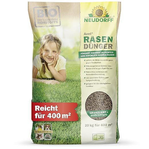 NEUDORFF - Azet Bio Rasen Dünger. Organischer Rasendünger für eine dichte, grüne und strapazierfähige Rasenfläche, Unbedenklich für Haustiere 20 kg