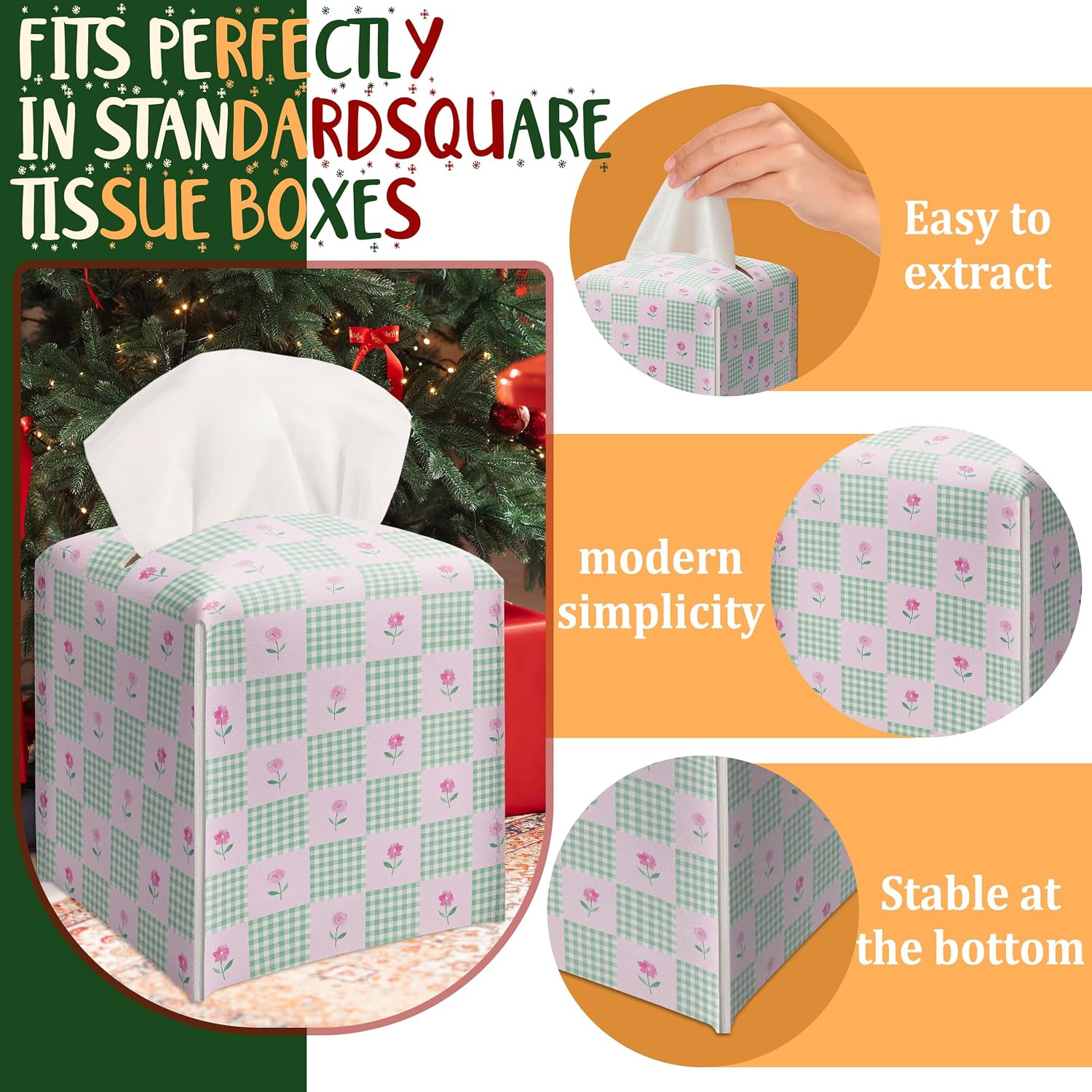 Patchwork Gingham Flower Decor Tissue Box Cover Modern Square Leather Tissue Case Holder Gifts for Women Family and Friends, Decorative Holder for Bathroom Kitchen Nightstand Office Home - B43 image 5