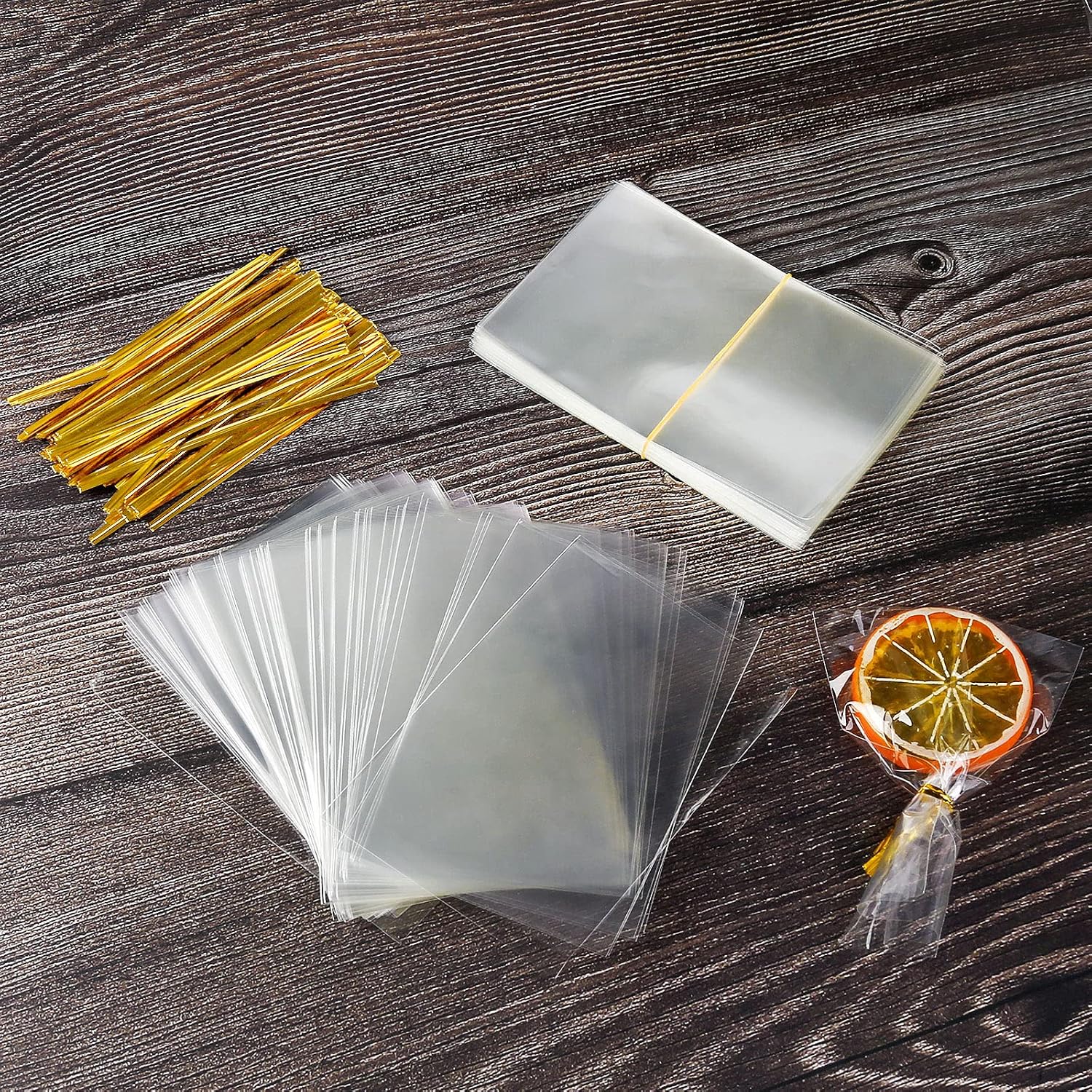 Zhenle 200PCS Clear Cellophane Bags 8 x 12 cm With 200 Gold Twist Ties for Cookie Candy, Sweet, Chocolates, Soap - Image 5