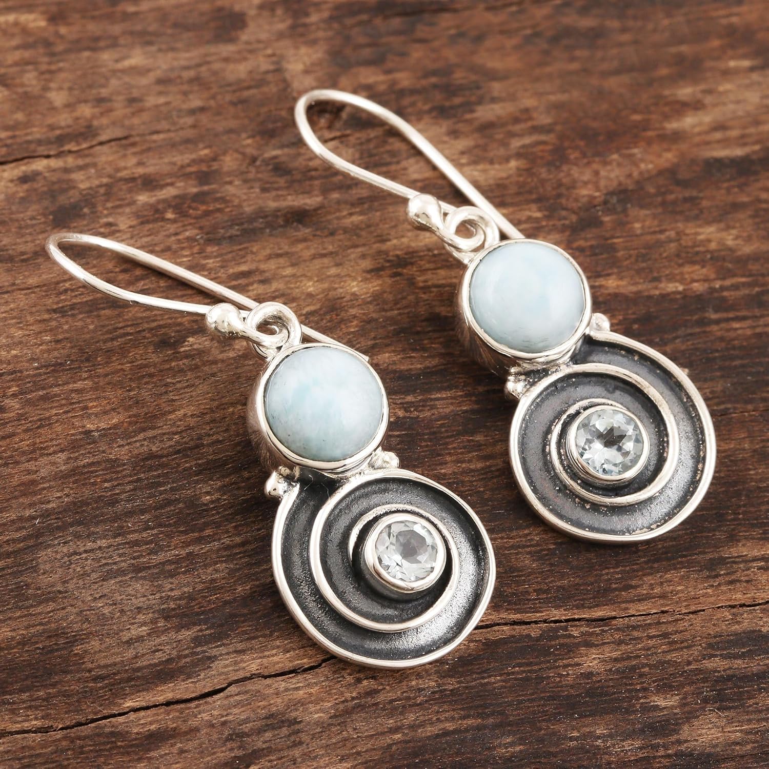 NOVICA Artisan Handmade Blue Topaz Larimar Dangle Earrings Sterling Silver India Gemstone Birthstone [1.5 in L x 0.5 in W x 0.2 in D] ' Sky Spiral' - Image 5
