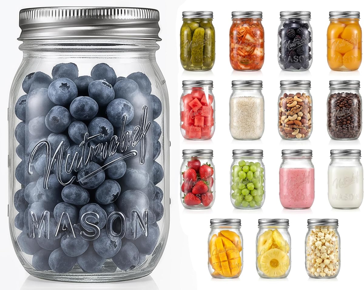 Paquete de 16 tarros Mason de 16 oz con tapas, sello hermético de boca ancha, vidrio duradero apto para congelar, tapas de rosca plateadas para preparación de comidas, mermelada, miel y regalos de boda, tarros de vidrio a prueba de fugas y aptos para lavavajillas