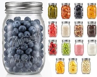 NutriChef 16 Pack Mason Jars 16 oz with Lids, Wide Mouth Airtight Seal, Freeze Safe Durable Glass, Silver Screw Lids for Meal Prep, Jam, Honey and Wedding Gifts, Leakproof & Dishwasher Safe Glass Jars