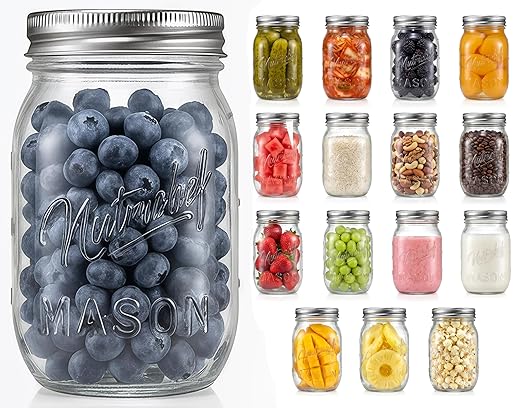 NutriChef 16 Pack Mason Jars 16 oz with Lids, Wide Mouth Airtight Seal, Freeze Safe Durable Glass, Silver Screw Lids for Meal Prep, Jam, Honey and Wedding Gifts, Leakproof & Dishwasher Safe Glass Jars