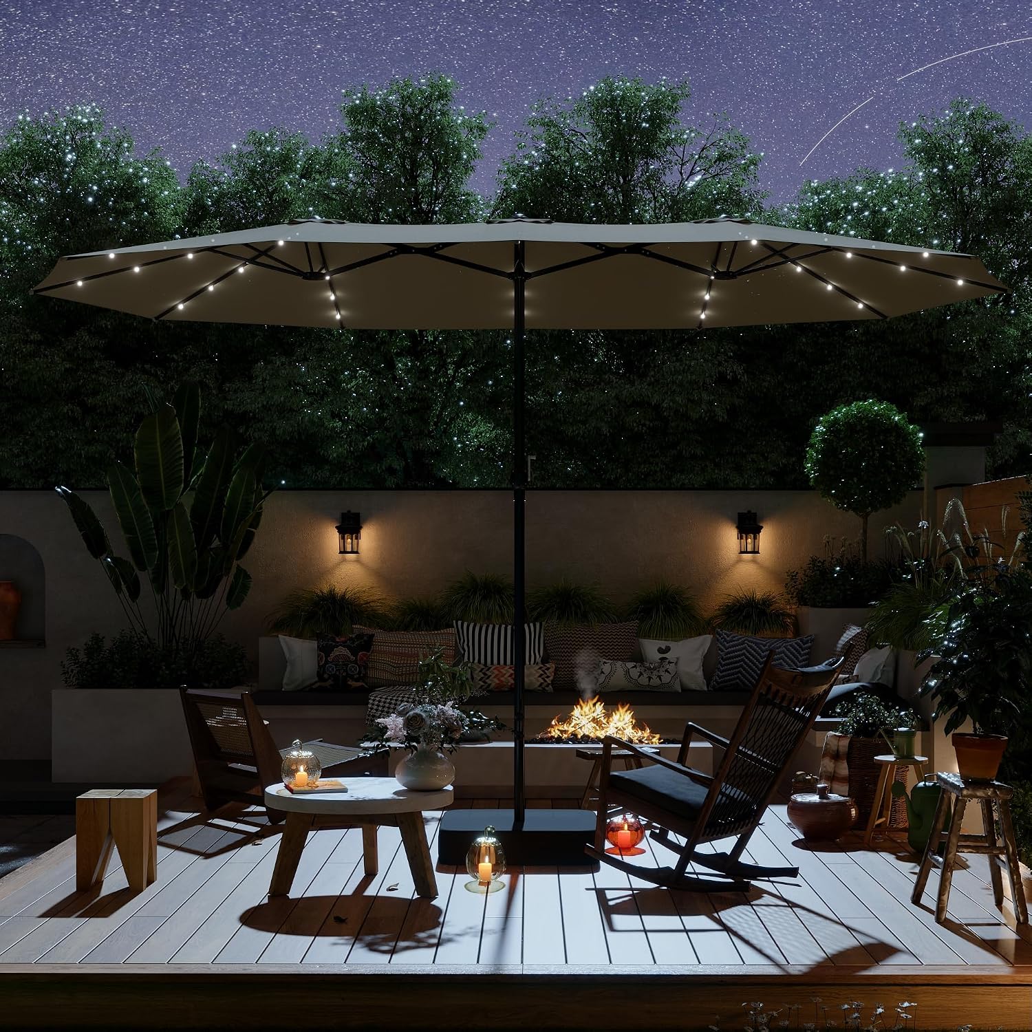 ECACAD 15 ft Extra Large Outdoor Patio Umbrella with Crank & 36 Solar Lights, Base Included, Rectangular Double-sided Umbrella for Pool Market Garden Backyard