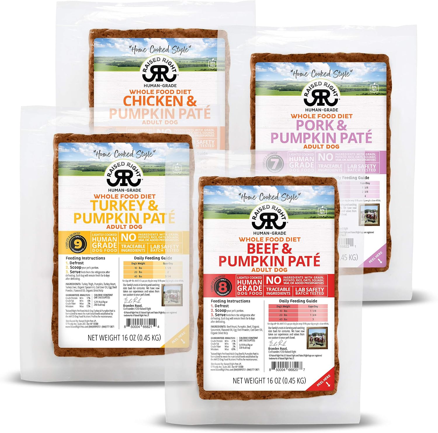 Raised Right Variety Pack Human-Grade Frozen Dog Food Paté Recipes, Low Carb “Home Cooked Style” Whole Food Diet - 1 lb. Bag, 4 Count