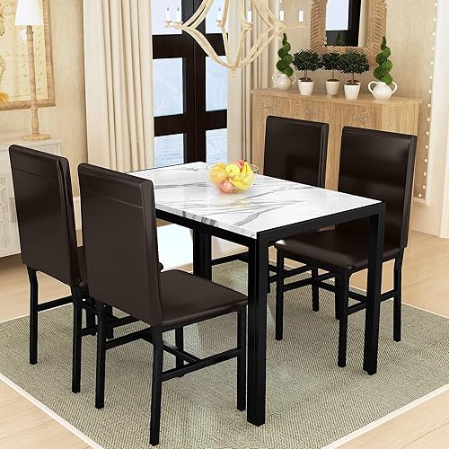 Miniatura 9 de Recaceik Juego de mesa de comedor para 4 mesas y sillas de cocina, mesa de comedor de mármol sintético con 4 juegos de cuero sintético para comedor,