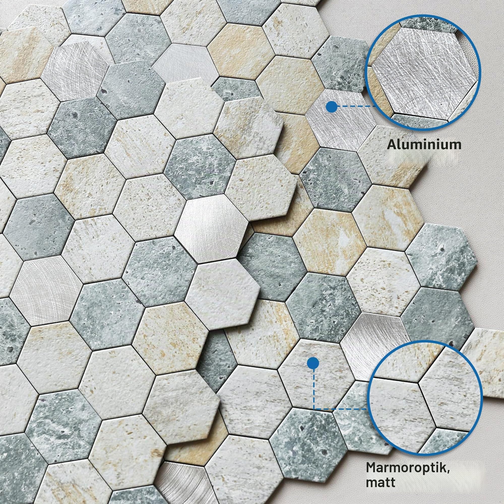 3D Wandfliesen Selbstklebend Küche,Sechseck Mosaik Mosaikfliesen Marmorfliesen Fliesenaufkleber Marmor Optik(Blau Grau 10 Blatt)