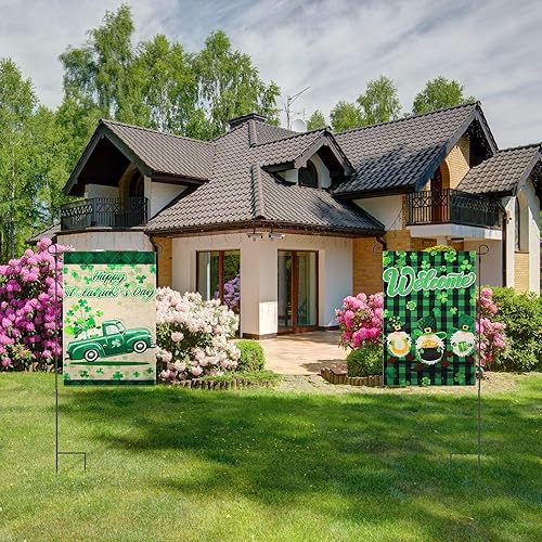 Miniatura 7 de 2 banderas de jardín del Día de San Patricio de 18 x 12 pulgadas, bandera de bienvenida del día de San Patricio, gnomo irlandés de trébol, bandera