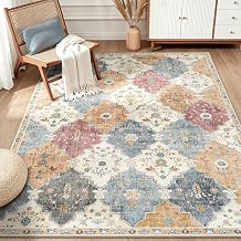 INOVADAY Rugs Living Room 120x170 cm Moroccan Washable Rug Low Pile Boho Rug with Print Pattern Anti Slip Carpet for Bedroom Dining Room Home Office Indoor Orange/Red