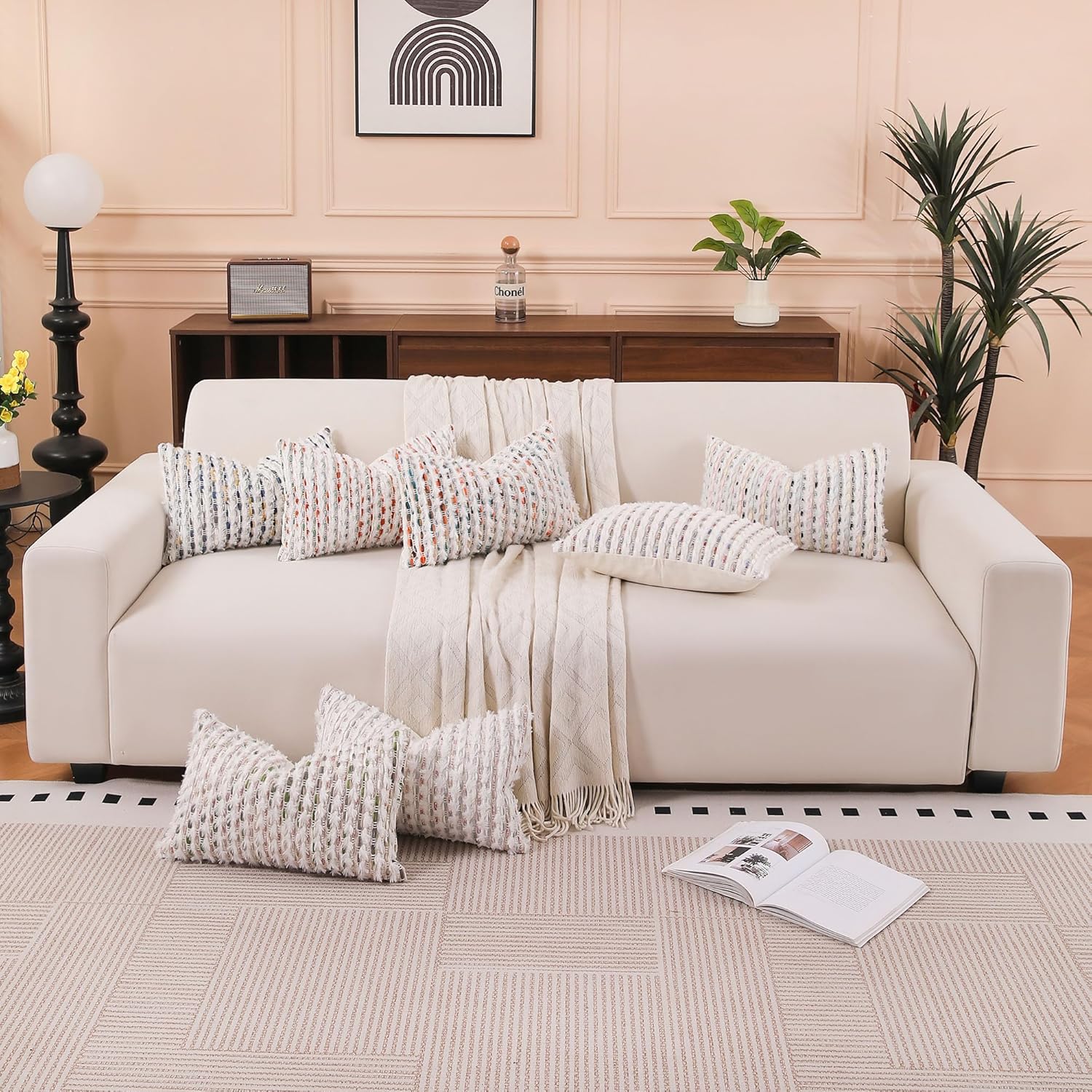 Boho Lumbar Pillow Cover 12x20 Inch Pack of 1 Farmhouse Rectangle Decorative Couch Throw Pillow Cover Macaron Chenille Tufted Striped Pillowcase for Living Room Sofa Bed
