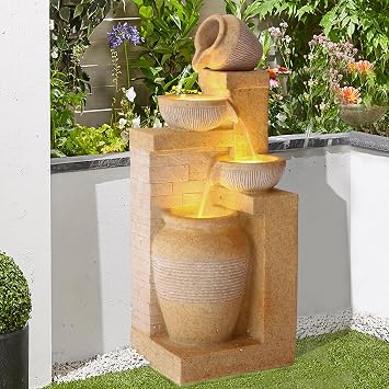 Water Fountain Outdoor, Modern Water Feature with LED Lights, 4-Tier Cascading Resin Waterfall Fountain, 32" Large Garden Fountains for Yard, Deck, Patio, Porch Yellow