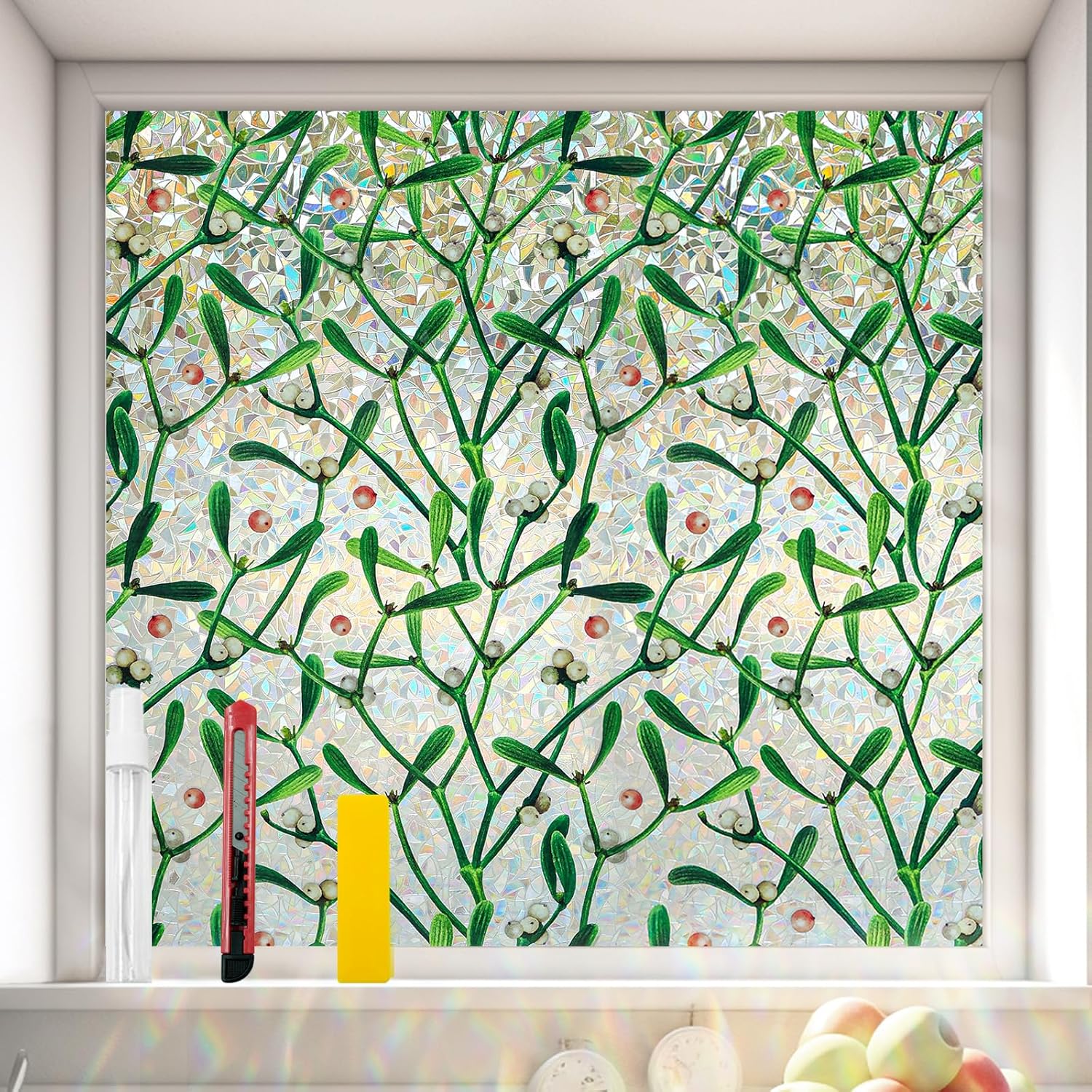 Window Privacy Film Stain Glass Window Film Rainbow Window Film Window clings Non-Adhesive Reusable Decorative for Room (Mistletoe Rainbow, 35.4 x 78.7 in) 35.4 x 78.7 in Mistletoe Rainbow