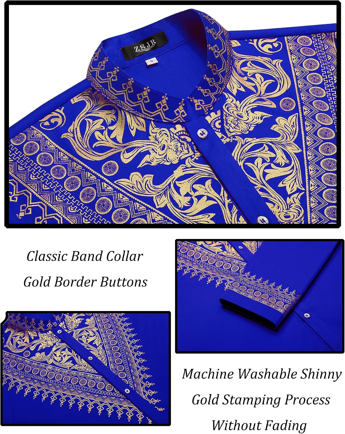 Mens African 2 Piece Set Metallic Traditional Suit Gold Stamp Printed African Dashiki Shirt and Pants Outfit