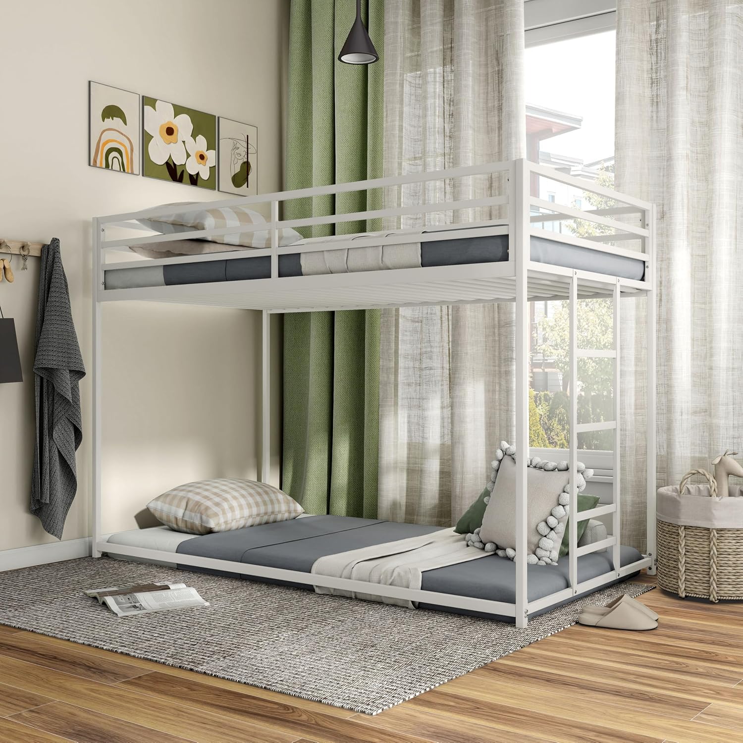 Furniture of America Dravenor Modern Metal Twin Over Twin Low Profile Bunk Bed with Reversible Ladder and Twnty-Two Slats, No Box Spring Required, for Kids, Bedroom, Dorm, White White Twin over Twin(incomplete box 3)