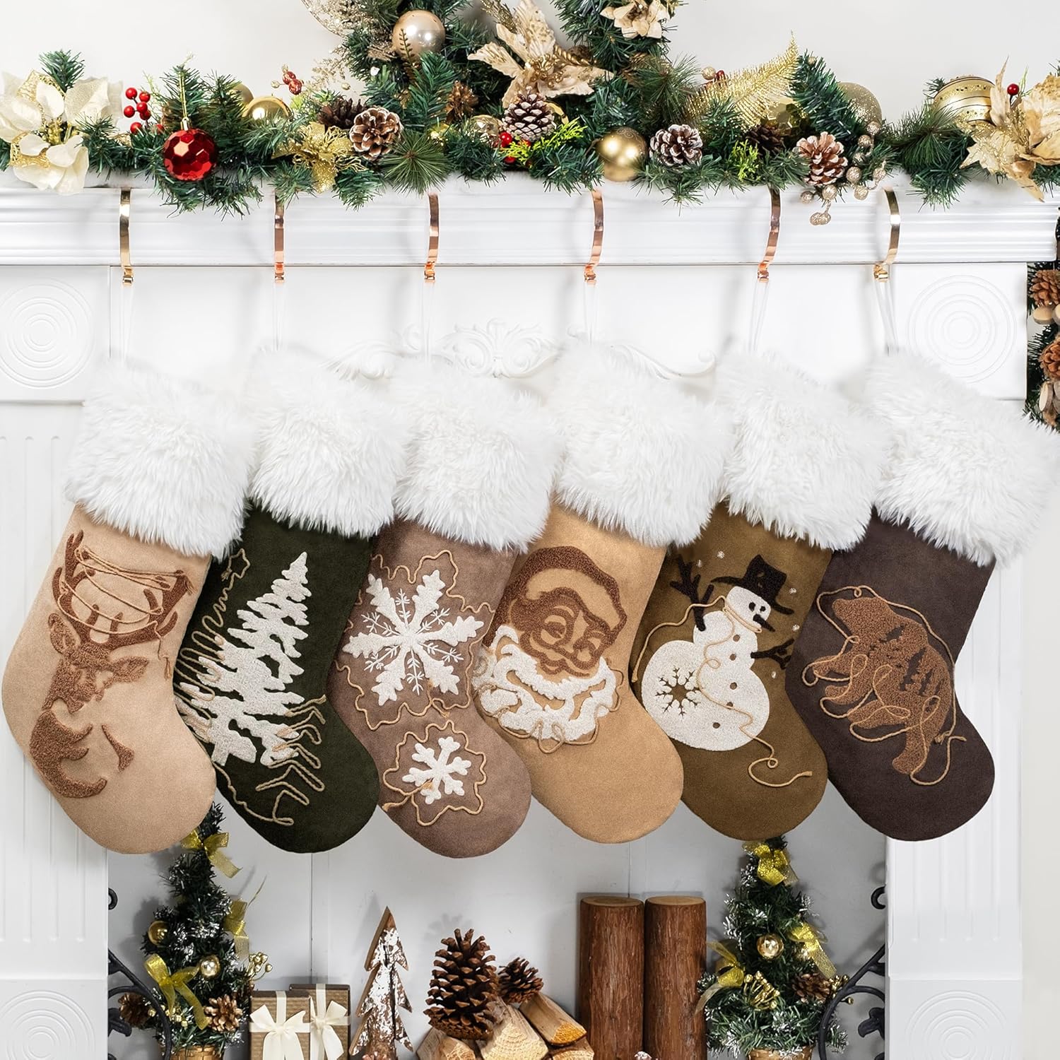 GEX Christmas Stockings 6 Pack for Family Soft Suede with Rope Stitch Embroidery Large 20" Fluffy Faux Fur Rustic Farmhouse Country Stockings for Xmas Fireplace Decoration (Set of 6)