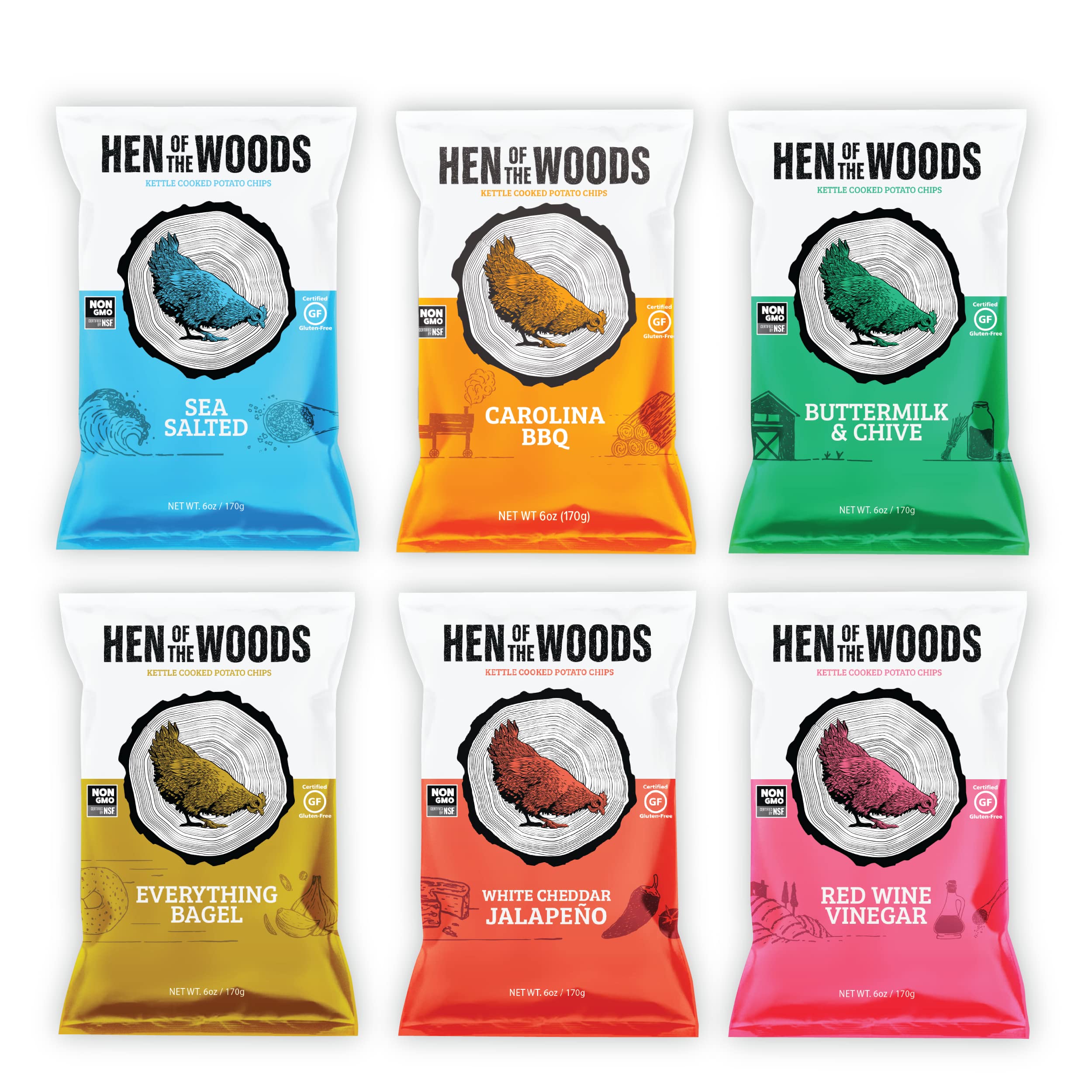 Hen of the Woods Kettle Cooked Potato Chips, Mixed Flavors Variety Pack, 6 Ounce Bag, 6-Pack