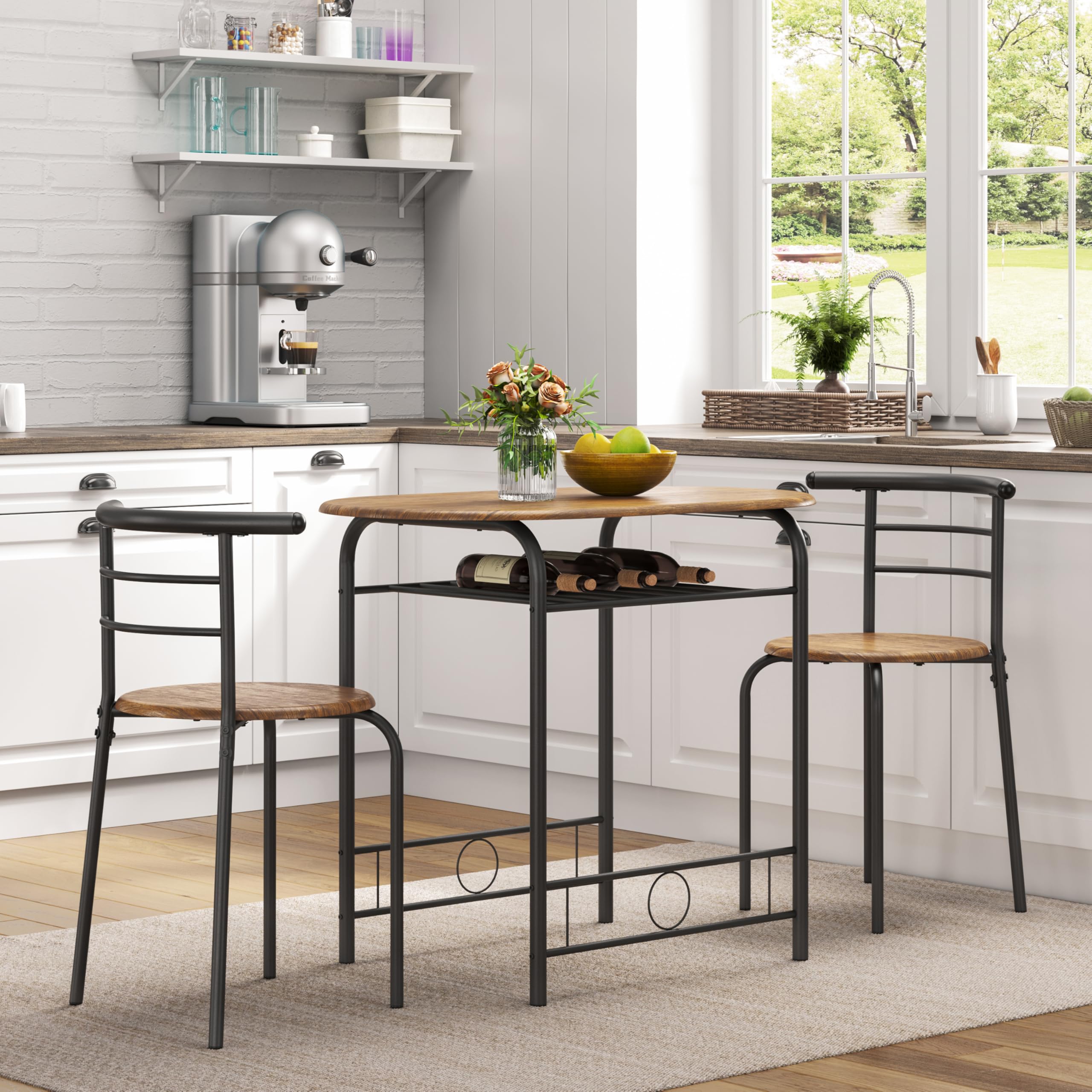 Yaheetech Set Mobili da Bar Tavolo e 2 Sedie Sala da Pranzo Cucina Piccoli Spazi Salvaspazio Balcone per 2 Persone in Legno e Metallo Sedia Portata 136 kg Marrone Retro