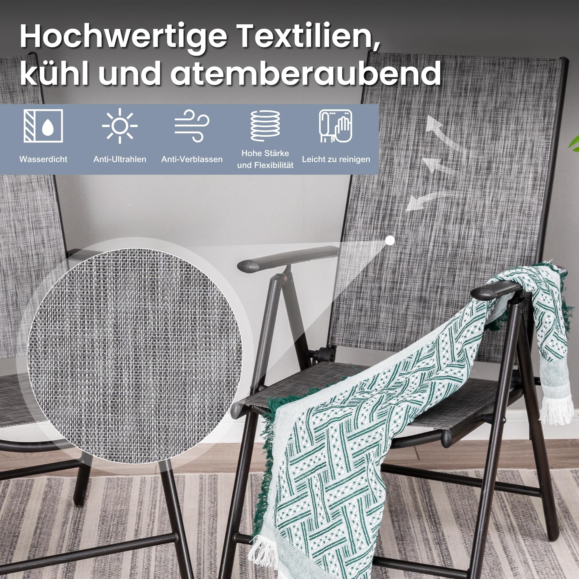 PHI VILLA Gartenmöbel Set Wetterfest Gartentisch mit Stühlen 6 Personen Metall Gartentisch mit 7-Fach Verstellbar Hochlehner Klappbar Aluminium Gartenstühle Set 6, Terassenmöbel Außen Grau