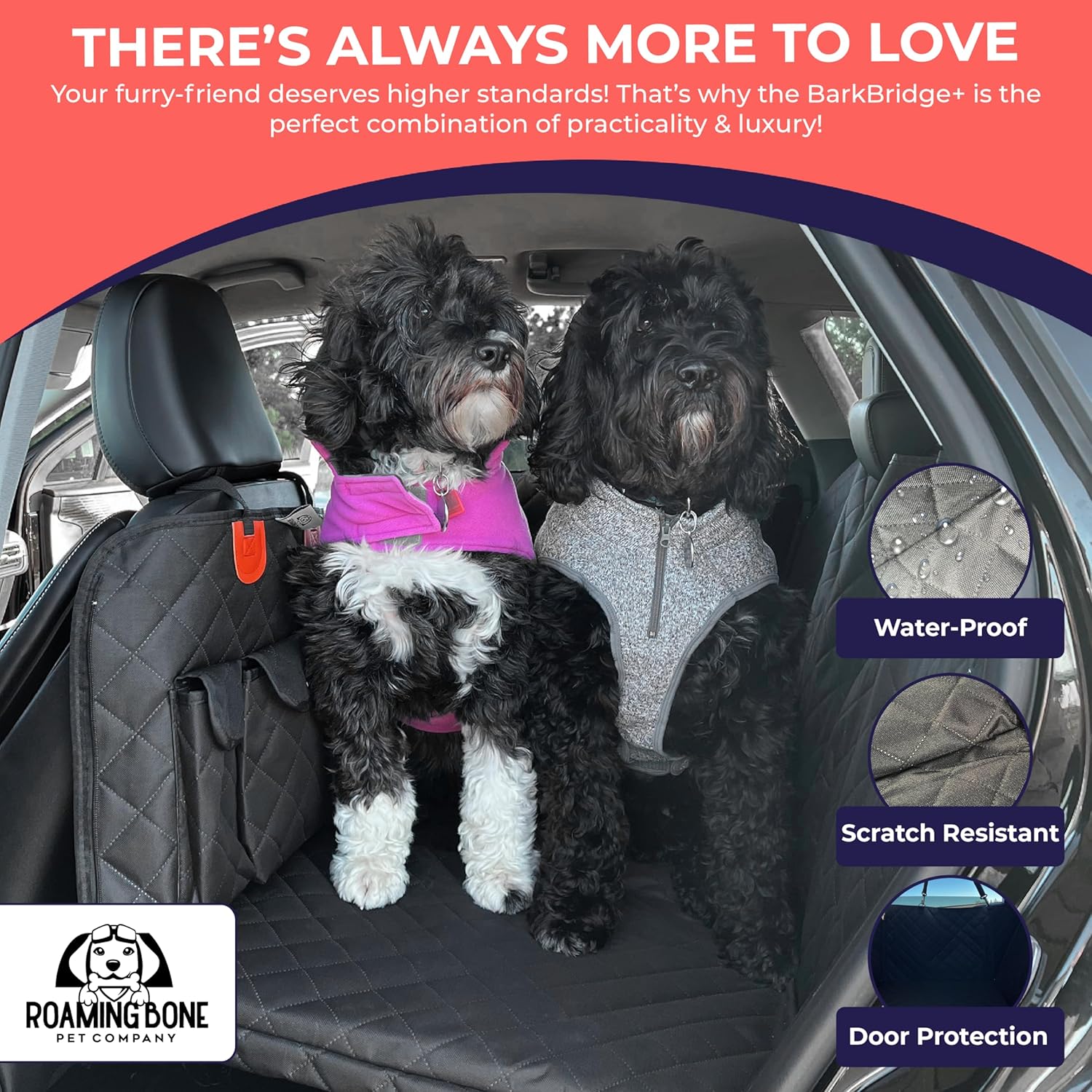 BarkBridge+ Backseat Extender for Dogs - Hard-Bottom Waterproof Back Seat Bridge for Cars, Trucks & SUVs - Dog Hammock with Storage Pockets - Dog Rear Car Seat Cover with Door Covers