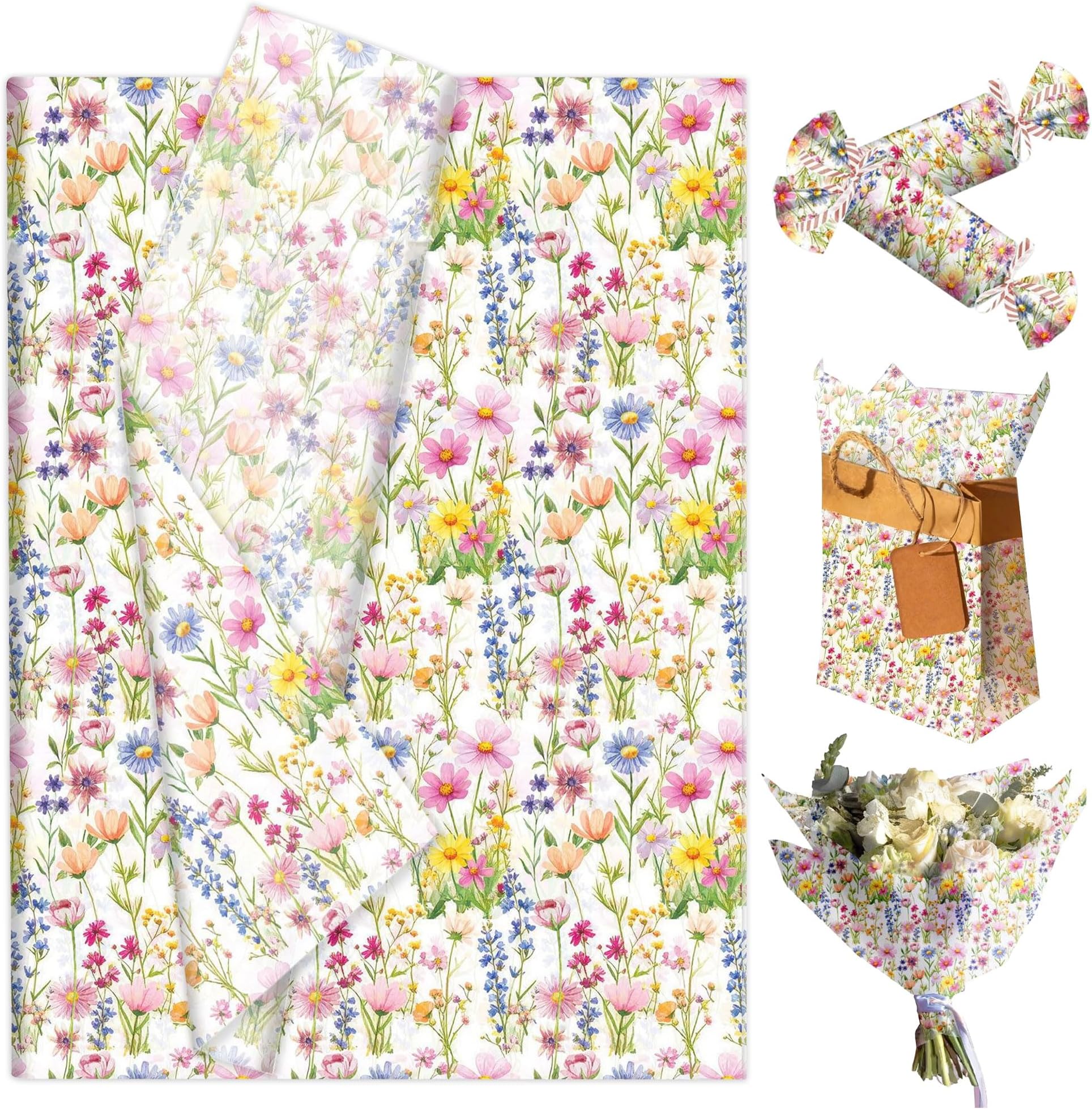 50 Sheets of Wildflower Floral Tissue Paper Gift Wrapping Paper Flowers Packaging Patterned for Baby Shower Wedding Birthday Bridal Shower Party Decor